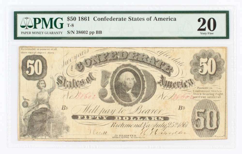 1861 $50 Fifty-Dollar Confederate States of America Richmond CSA Bank Note (PMG 20) at PristineAuction.com 1861 $50 Fifty-Dollar Confederate States of America Richmond CSA Bank Note (PMG 20) at PristineAuction.com
