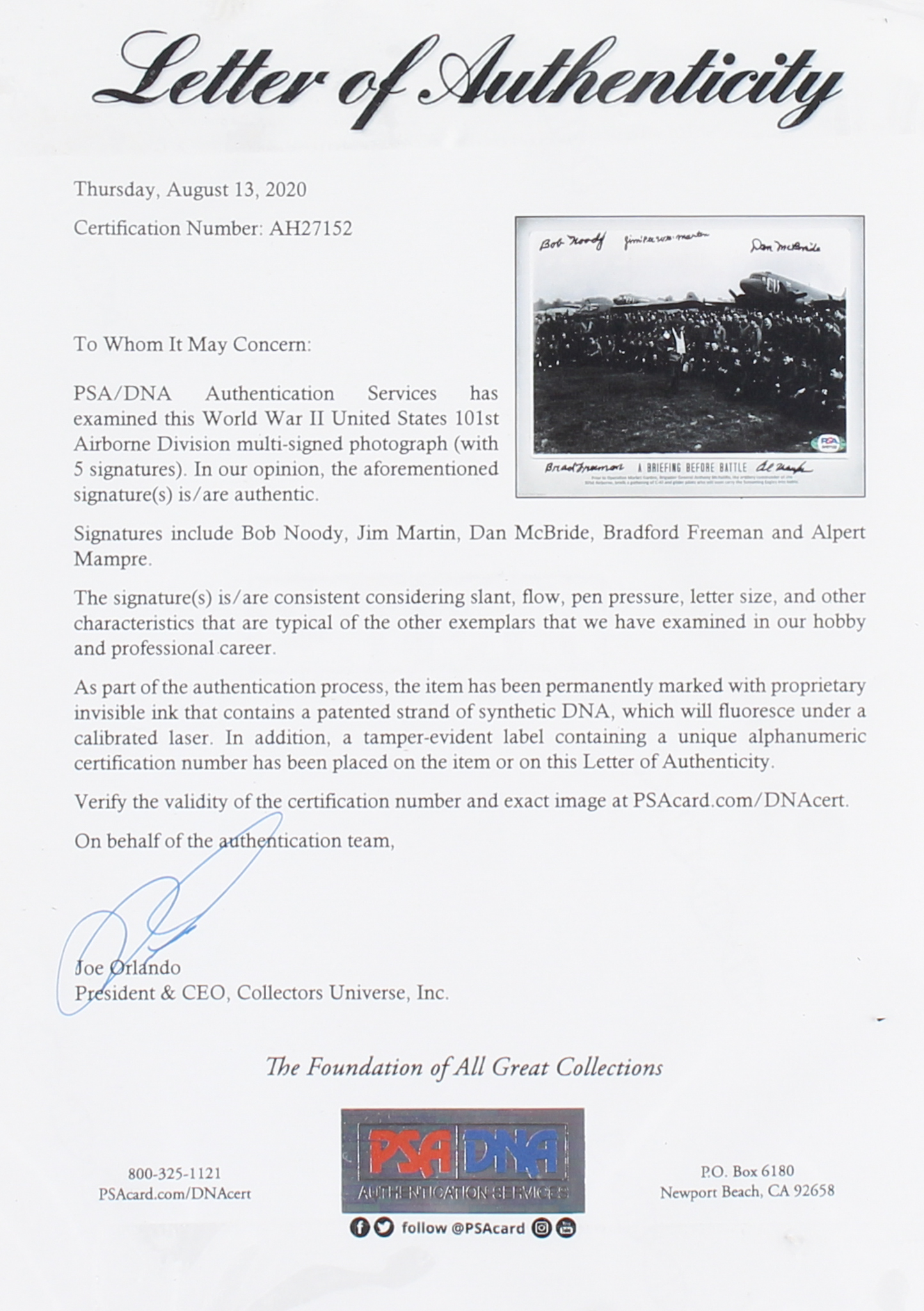 World War II U.S. 101st Airborne Division 12x15 Custom Framed Photo Signed by (5) with Bob Noody, Jim Martin, Dan McBride (PSA LOA) at PristineAuction.com World War II U.S. 101st Airborne Division 12x15 Custom Framed Photo Signed by (5) with Bob Noody, Jim Martin, Dan McBride (PSA LOA) at PristineAuction.com