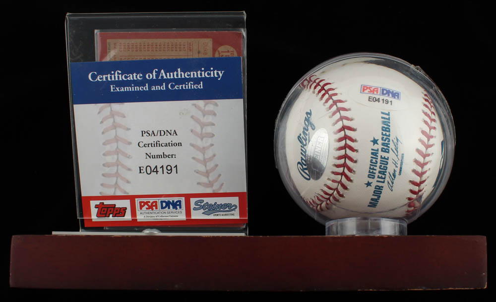 Duke Snider Signed OML Baseball Display with 1964 Topps #155 (PSA COA & Steiner Hologram) at PristineAuction.com Duke Snider Signed OML Baseball Display with 1964 Topps #155 (PSA COA & Steiner Hologram) at PristineAuction.com