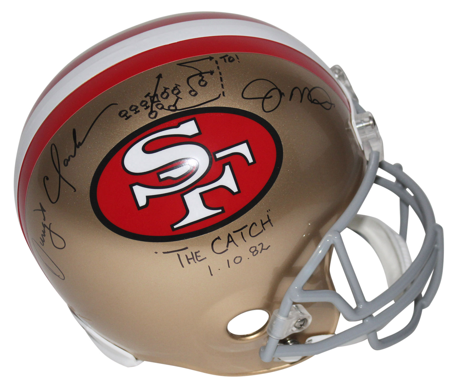 Joe Montana & Dwight Clark Signed 49ers Full-Size Helmet Inscribed "The Catch" & "1-10-82" with Hand-Drawn Play (Beckett) at PristineAuction.com Joe Montana & Dwight Clark Signed 49ers Full-Size Helmet Inscribed "The Catch" & "1-10-82" with Hand-Drawn Play (Beckett) at PristineAuction.com