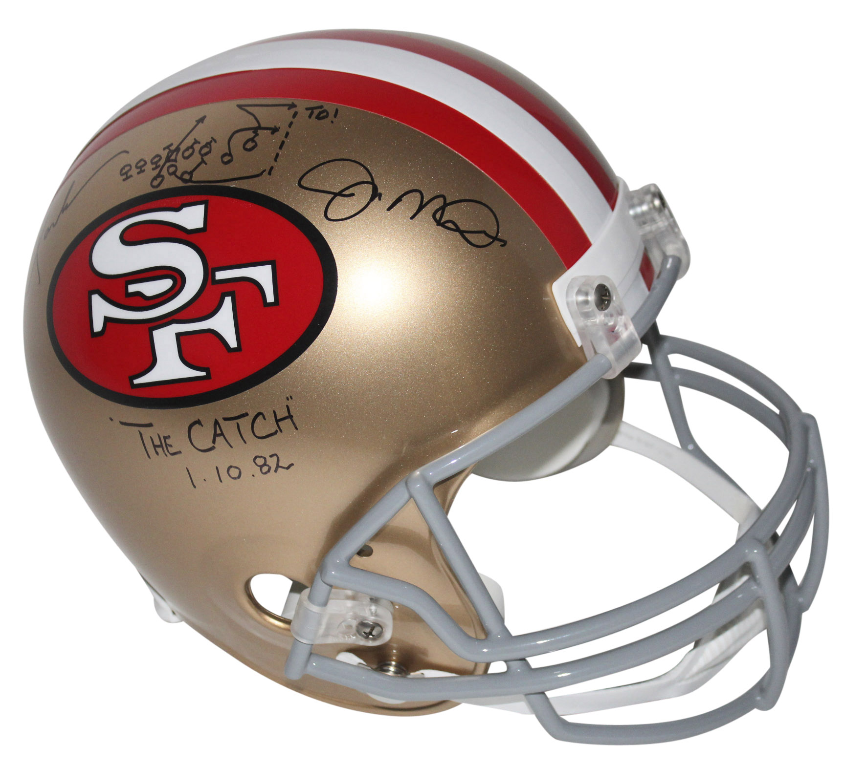 Joe Montana & Dwight Clark Signed 49ers Full-Size Helmet Inscribed "The Catch" & "1-10-82" with Hand-Drawn Play (Beckett) at PristineAuction.com Joe Montana & Dwight Clark Signed 49ers Full-Size Helmet Inscribed "The Catch" & "1-10-82" with Hand-Drawn Play (Beckett) at PristineAuction.com