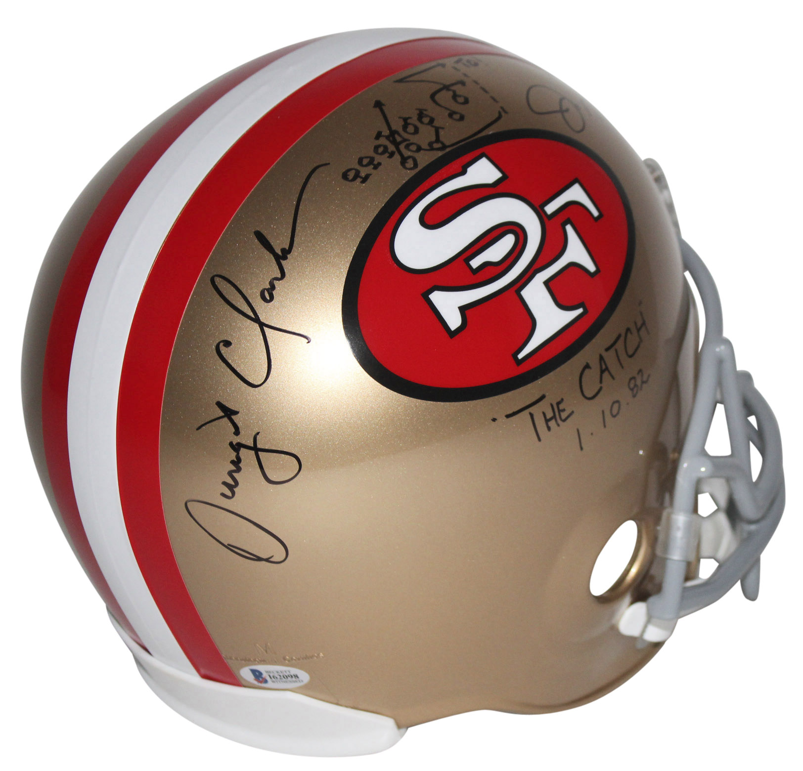 Joe Montana & Dwight Clark Signed 49ers Full-Size Helmet Inscribed "The Catch" & "1-10-82" with Hand-Drawn Play (Beckett) at PristineAuction.com Joe Montana & Dwight Clark Signed 49ers Full-Size Helmet Inscribed "The Catch" & "1-10-82" with Hand-Drawn Play (Beckett) at PristineAuction.com