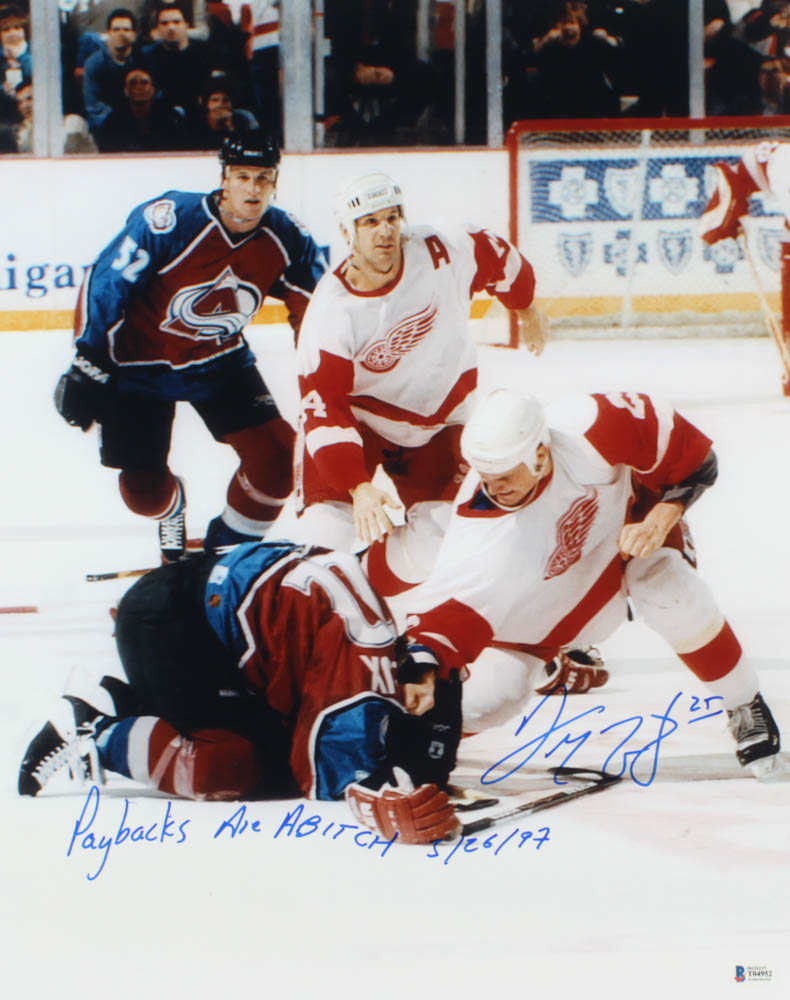 Darren McCarty Signed Red Wings 16x20 Photo Inscribed "Paybacks Are A B****" & "3-26-97" (Beckett COA) at PristineAuction.com Darren McCarty Signed Red Wings 16x20 Photo Inscribed "Paybacks Are A B****" & "3-26-97" (Beckett COA) at PristineAuction.com