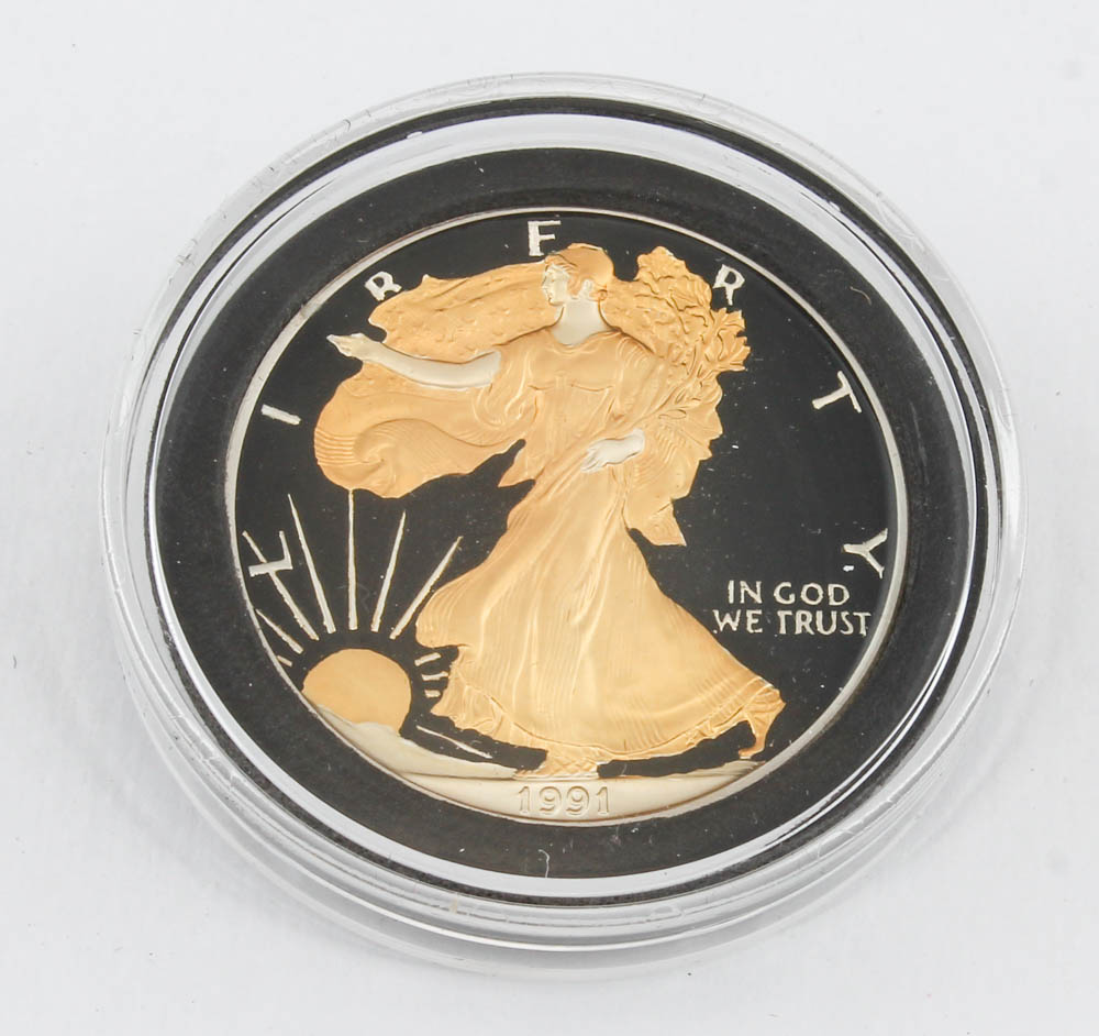 1991 Silver Eagle $1 Dollar 24kt Gold Coin in Case at PristineAuction.com 1991 Silver Eagle $1 Dollar 24kt Gold Coin in Case at PristineAuction.com