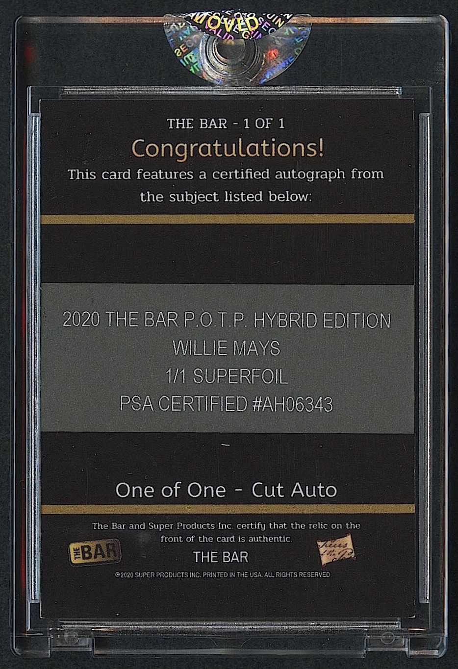 Willie Mays 2020 The Bar POTP Superfoil Cut Autograph - #1/1 at PristineAuction.com Willie Mays 2020 The Bar POTP Superfoil Cut Autograph - #1/1 at PristineAuction.com