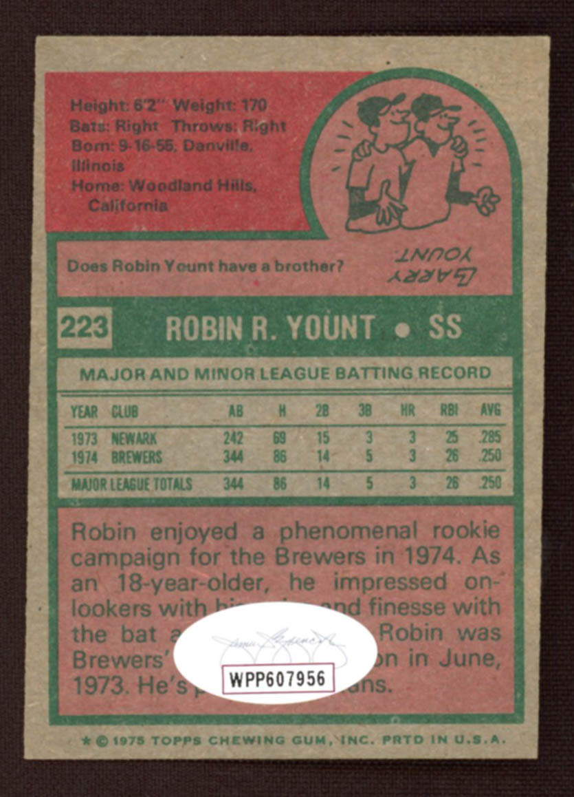 Robin Yount Signed 1975 Topps #223 RC (JSA COA) at PristineAuction.com Robin Yount Signed 1975 Topps #223 RC (JSA COA) at PristineAuction.com