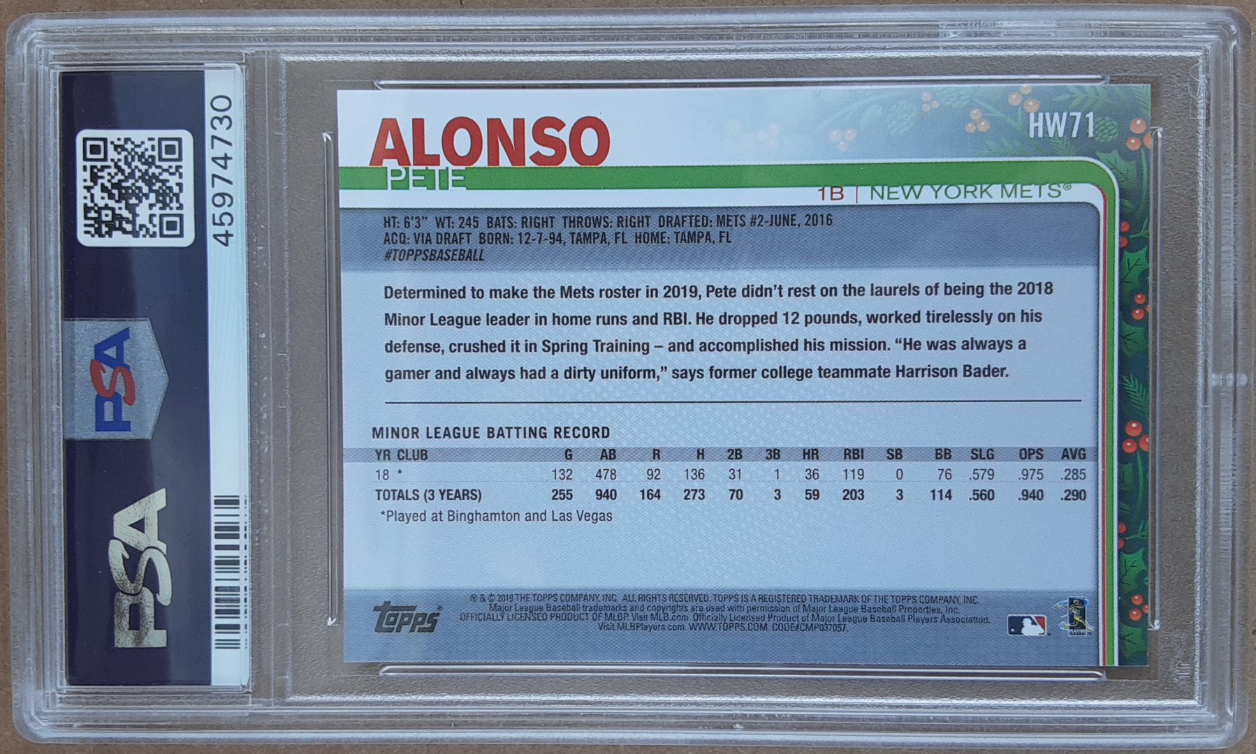 Pete Alonso 2019 Topps Walmart Holiday #HW71 RC (PSA 9) at PristineAuction.com Pete Alonso 2019 Topps Walmart Holiday #HW71 RC (PSA 9) at PristineAuction.com