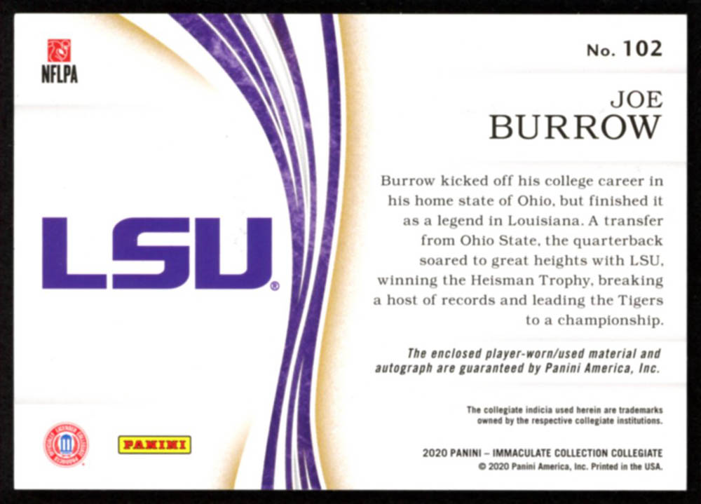 Joe Burrow 2020 Immaculate Collection Collegiate Autograph #102 at PristineAuction.com Joe Burrow 2020 Immaculate Collection Collegiate Autograph #102 at PristineAuction.com