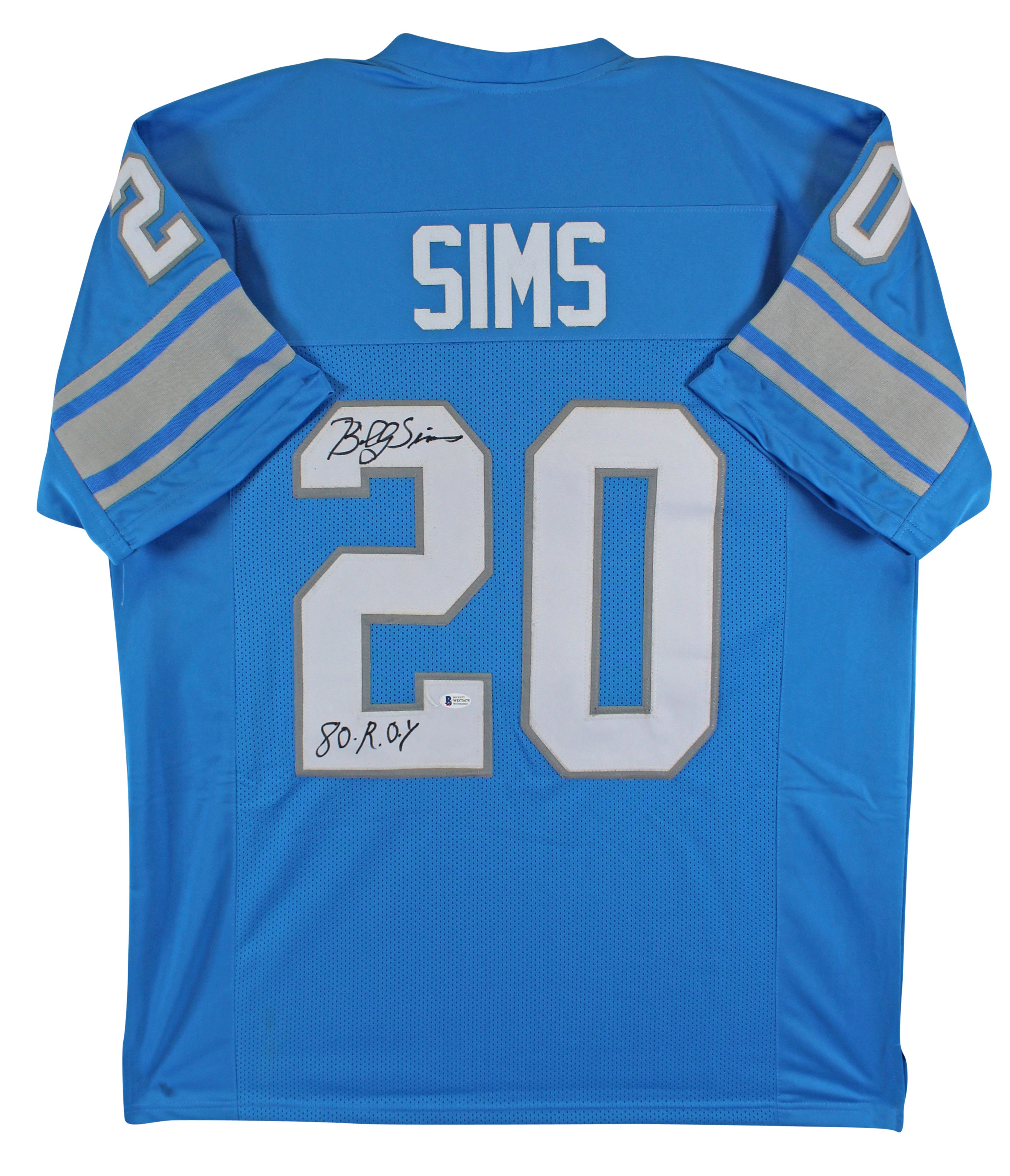 Billy Sims Signed Jersey Inscribed "80-R.O.Y." (Beckett COA) at PristineAuction.com Billy Sims Signed Jersey Inscribed "80-R.O.Y." (Beckett COA) at PristineAuction.com