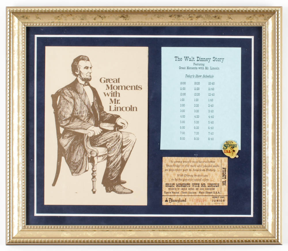Disneyland "Great Moments with Mr Lincoln" Opera House 12.5x14.5 Custom Framed Display with Program, 1960's Ticket, Schedule & Pin at PristineAuction.com Disneyland "Great Moments with Mr Lincoln" Opera House 12.5x14.5 Custom Framed Display with Program, 1960's Ticket, Schedule & Pin at PristineAuction.com