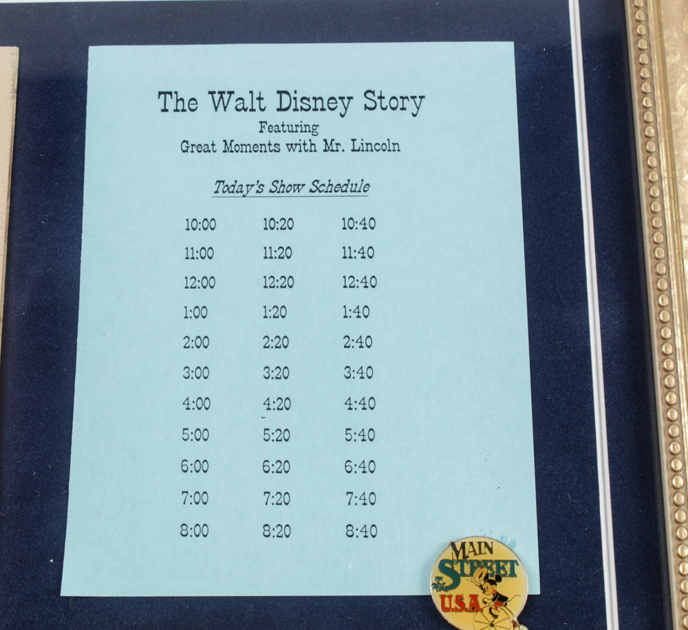 Disneyland "Great Moments with Mr Lincoln" Opera House 12.5x14.5 Custom Framed Display with Program, 1960's Ticket, Schedule & Pin at PristineAuction.com Disneyland "Great Moments with Mr Lincoln" Opera House 12.5x14.5 Custom Framed Display with Program, 1960's Ticket, Schedule & Pin at PristineAuction.com