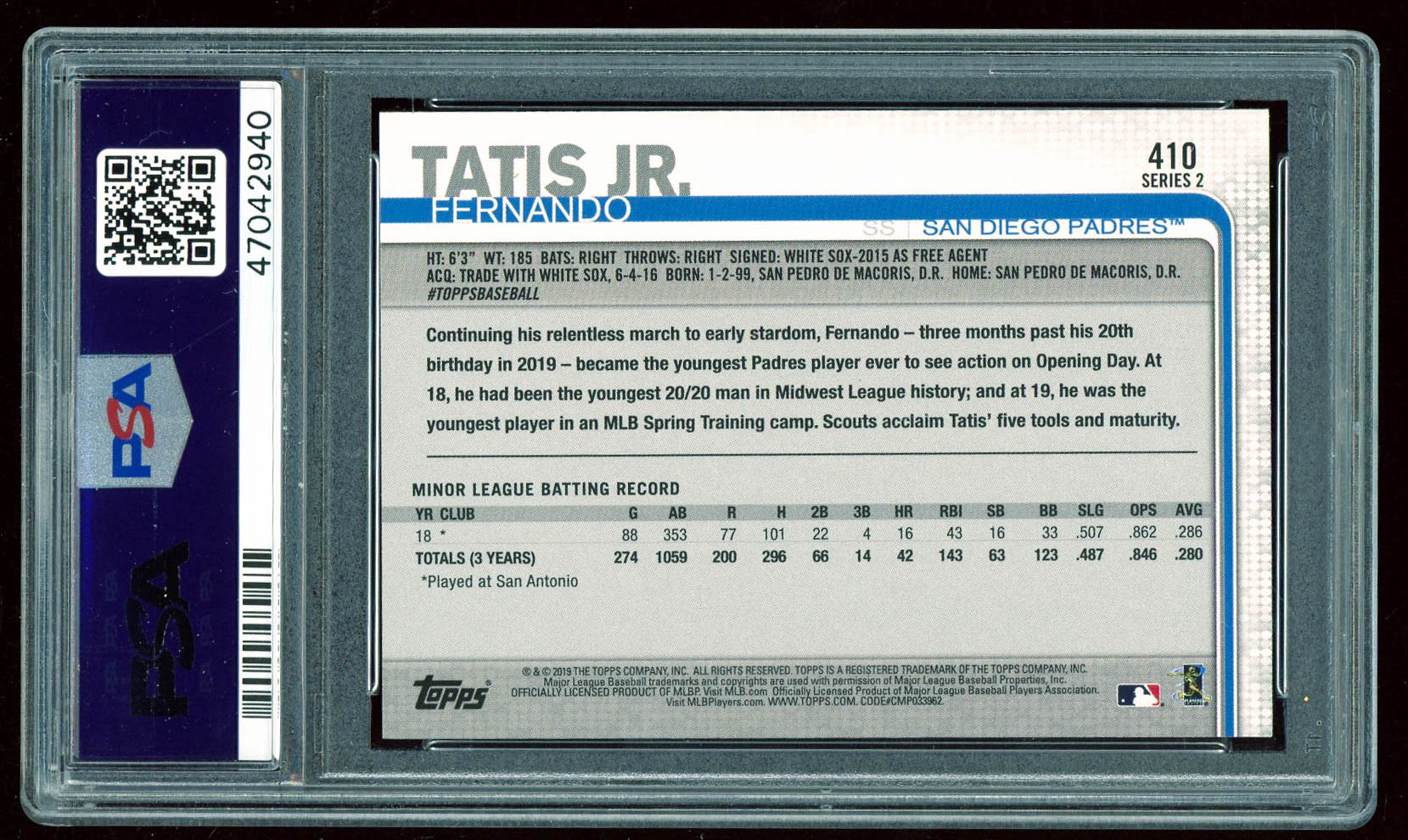 Fernando Tatis Jr. 2019 Topps #410 RC (PSA 10) at PristineAuction.com Fernando Tatis Jr. 2019 Topps #410 RC (PSA 10) at PristineAuction.com