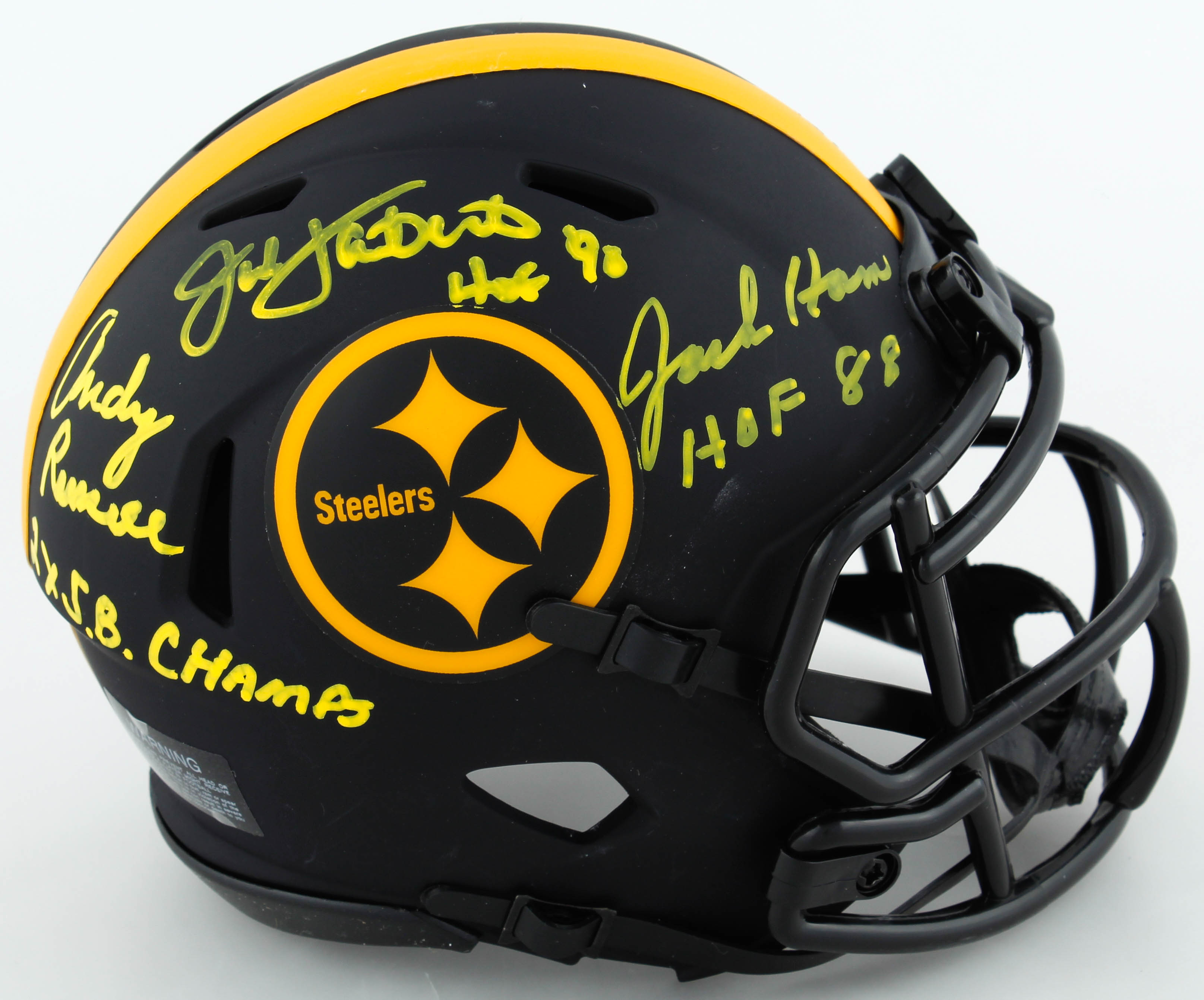 Andy Russell, Jack Lambert & Jack Ham Signed Steelers Eclipse Alternate Speed Mini Helmet Inscribed "2x S.B. Champs", "HOF '90" & "HOF 88" (Beckett COA) at PristineAuction.com Andy Russell, Jack Lambert & Jack Ham Signed Steelers Eclipse Alternate Speed Mini Helmet Inscribed "2x S.B. Champs", "HOF '90" & "HOF 88" (Beckett COA) at PristineAuction.com