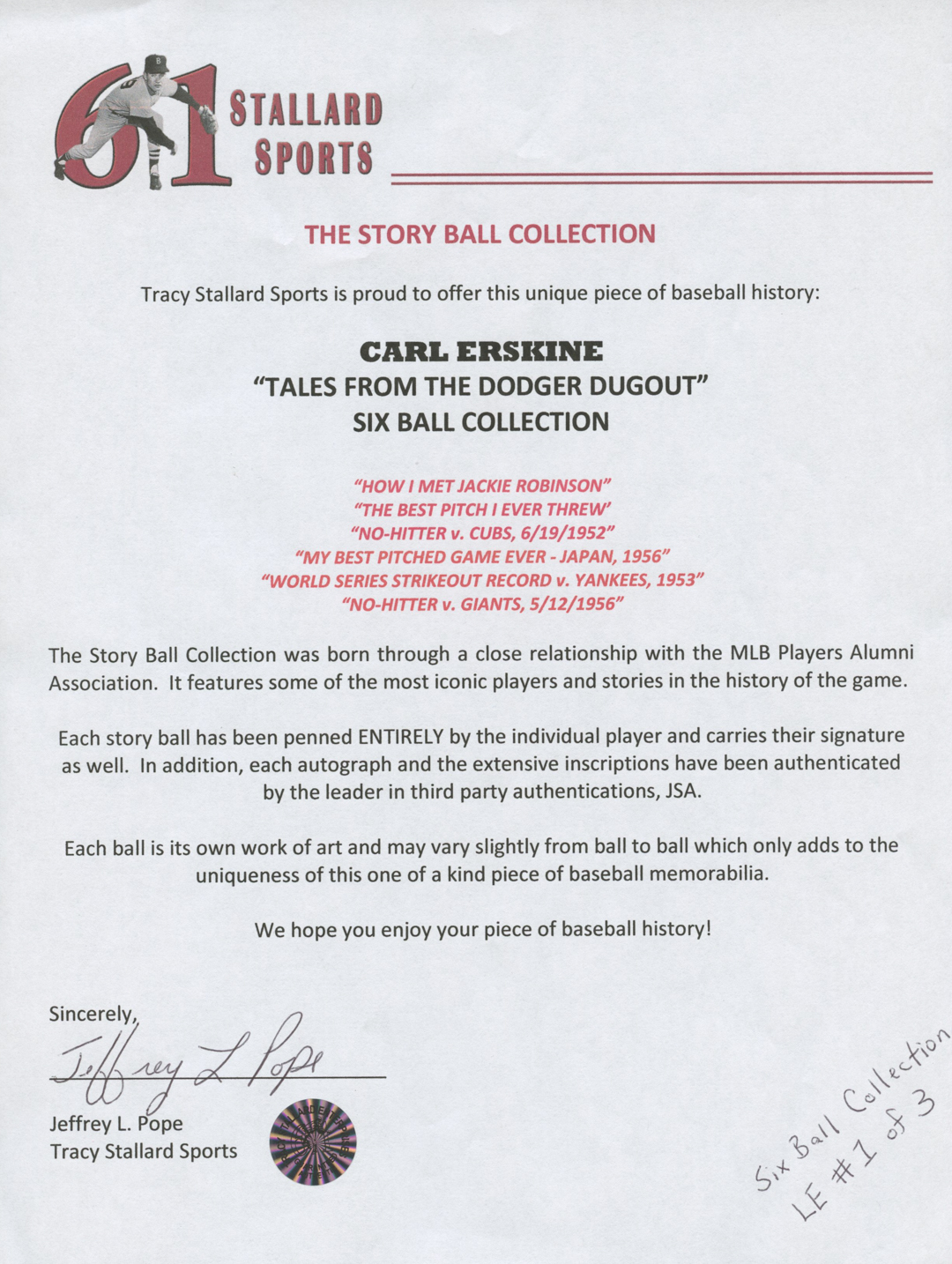Carl Erskine Signed Dodgers LE "Tales From The Dodgers Dugout" Story Ball Baseball Collection (JSA COA & Tracy Stallard LOA) at PristineAuction.com Carl Erskine Signed Dodgers LE "Tales From The Dodgers Dugout" Story Ball Baseball Collection (JSA COA & Tracy Stallard LOA) at PristineAuction.com