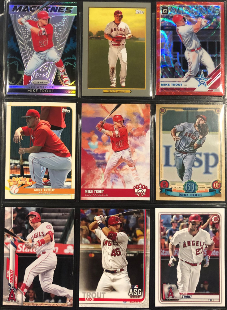 Lot of (9) Mike Trout Baseball Cards With 2019 Panini Prizm Machines #1, 2018 Diamond Kings #70, 2020 Topps Opening Day Spring Has Sprung #SHS16, 2020 Bowman #1