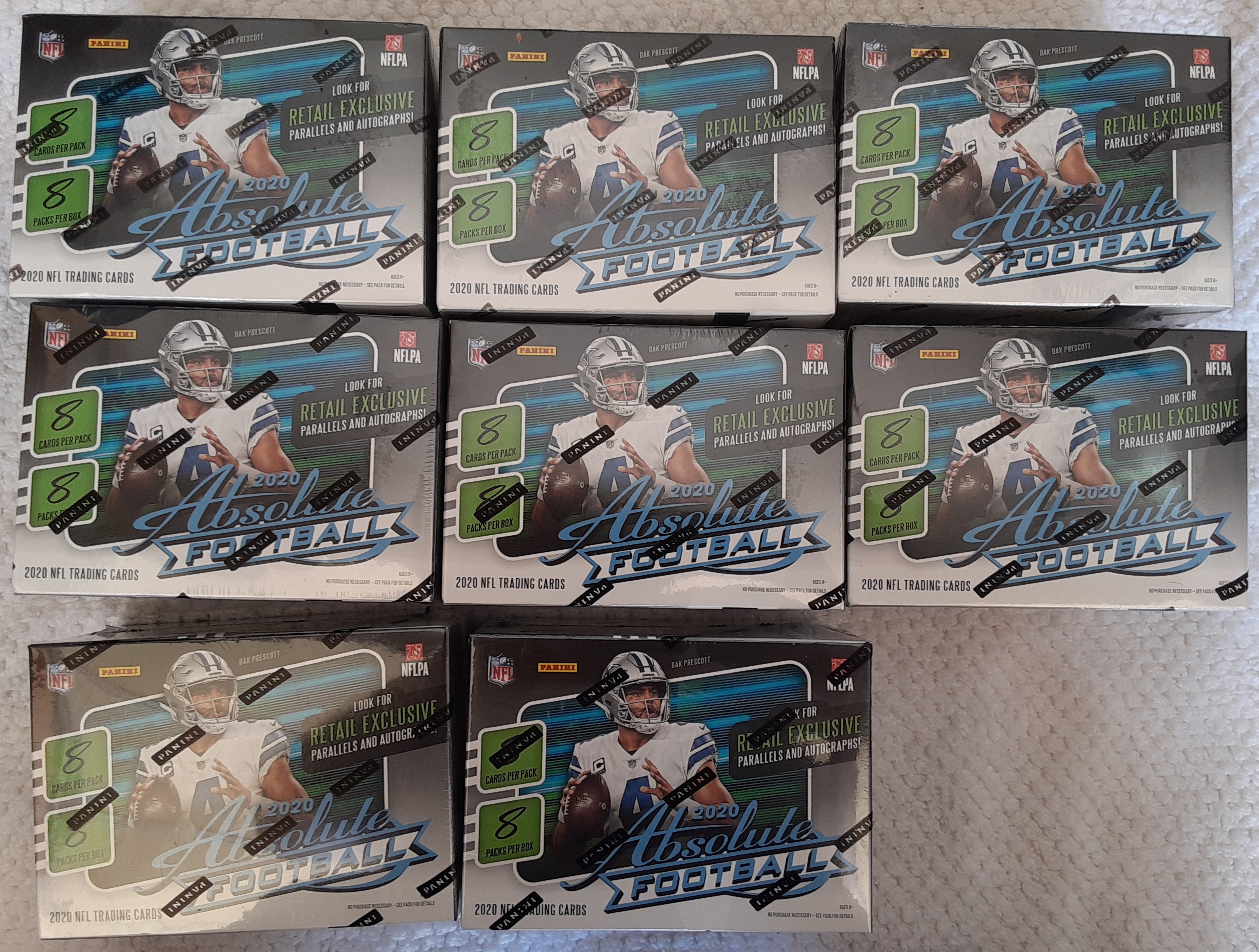 Lot of (8) 2020 Panini Absolute Football Blaster Box with (8) Packs Each at PristineAuction.com Lot of (8) 2020 Panini Absolute Football Blaster Box with (8) Packs Each at PristineAuction.com