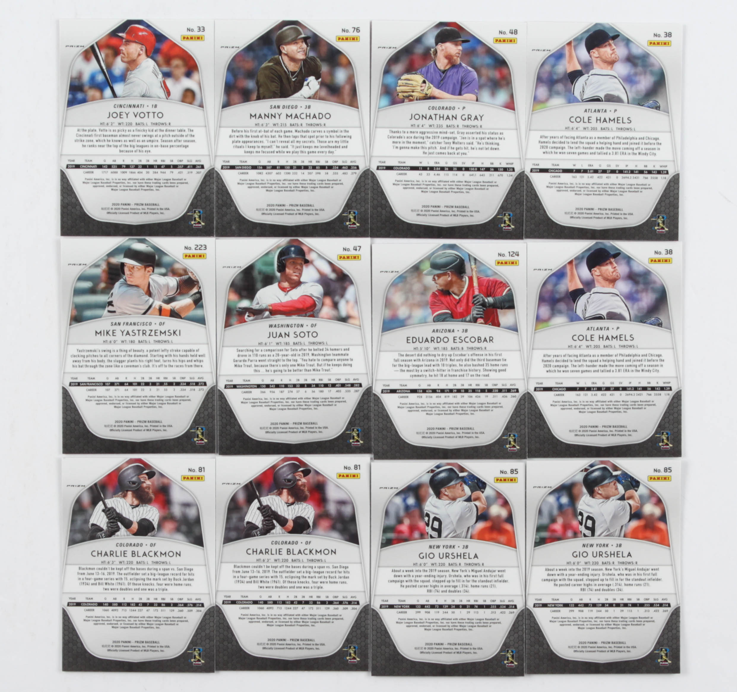 Lot of (12) 2020 Panini Prizm Cards with #76 Manny Machado, #38 Cole Hamels, #33 Joey Votto at PristineAuction.com Lot of (12) 2020 Panini Prizm Cards with #76 Manny Machado, #38 Cole Hamels, #33 Joey Votto at PristineAuction.com