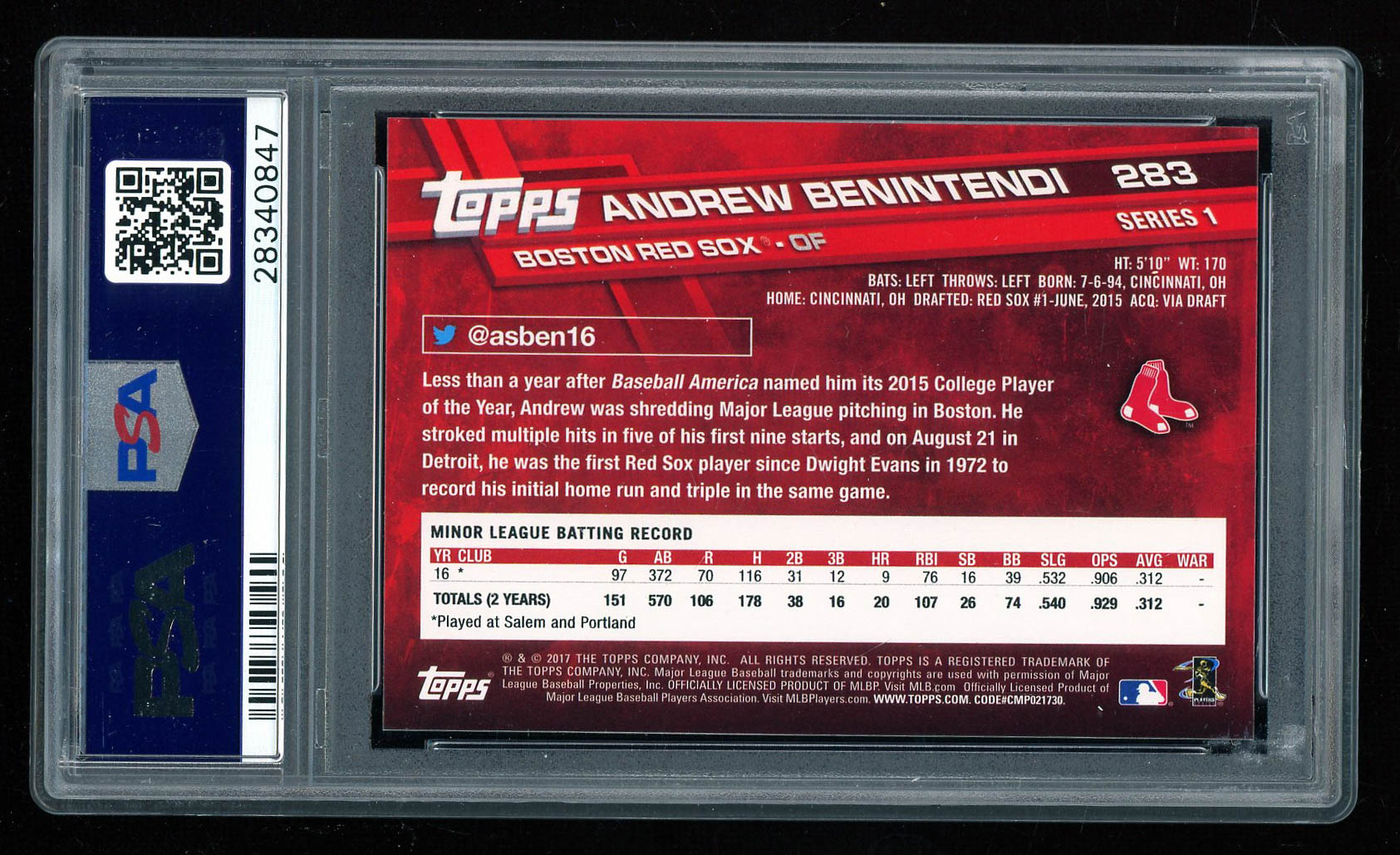 Andrew Benintendi 2017 Topps #283A RC (PSA 9) at PristineAuction.com Andrew Benintendi 2017 Topps #283A RC (PSA 9) at PristineAuction.com