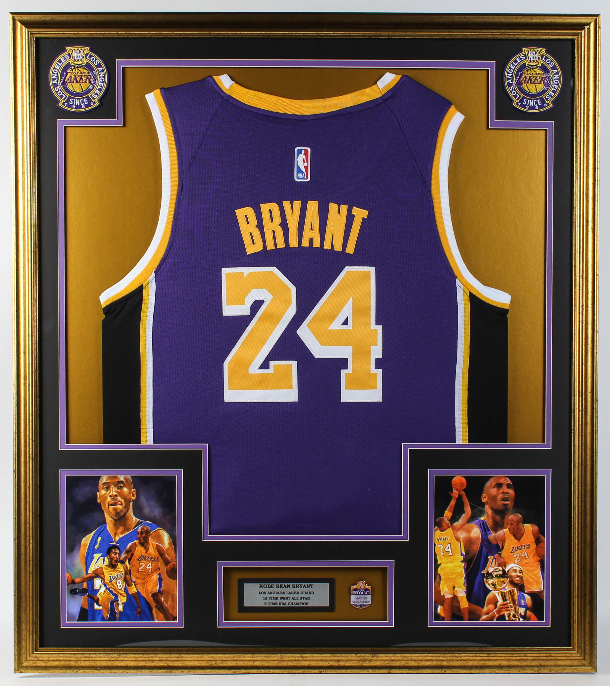 Kobe Bryant 33x37 Custom Framed Jersey with Kobe Bryant Career Statistics Pin & (2) Patches at PristineAuction.com Kobe Bryant 33x37 Custom Framed Jersey with Kobe Bryant Career Statistics Pin & (2) Patches at PristineAuction.com