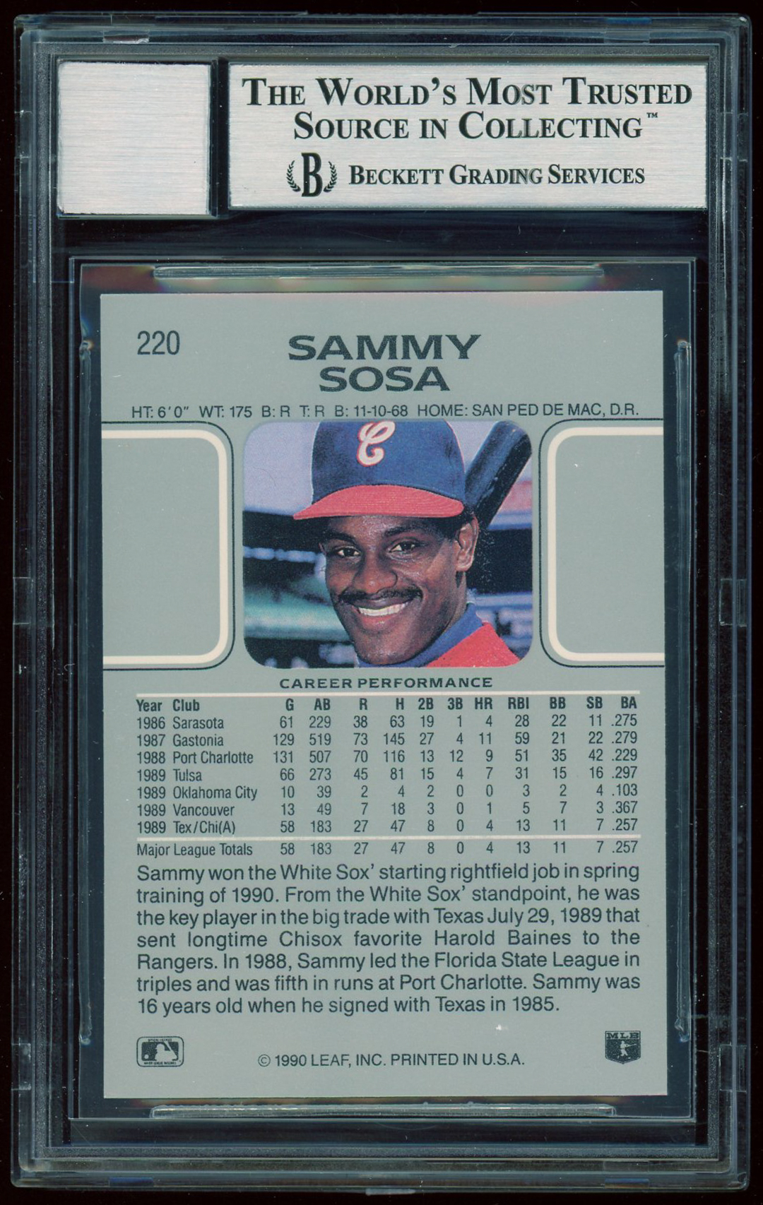 Sammy Sosa Signed 1990 Leaf #220 RC (BGS Encapsulated) (Autograph Graded 10) at PristineAuction.com Sammy Sosa Signed 1990 Leaf #220 RC (BGS Encapsulated) (Autograph Graded 10) at PristineAuction.com