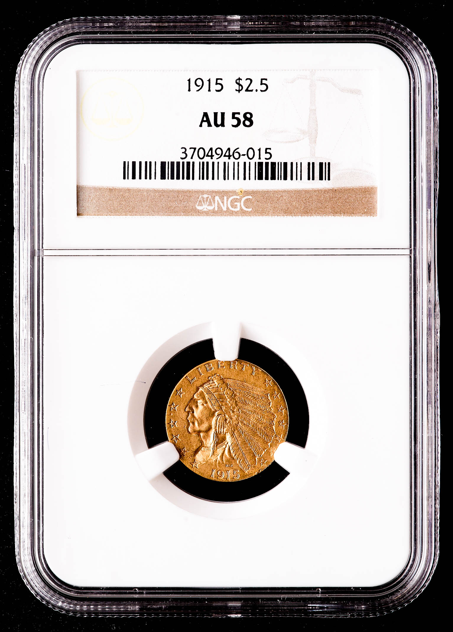 1915 $2.50 Indian Head Quarter Eagle Gold Coin (NGC AU58) at PristineAuction.com 1915 $2.50 Indian Head Quarter Eagle Gold Coin (NGC AU58) at PristineAuction.com