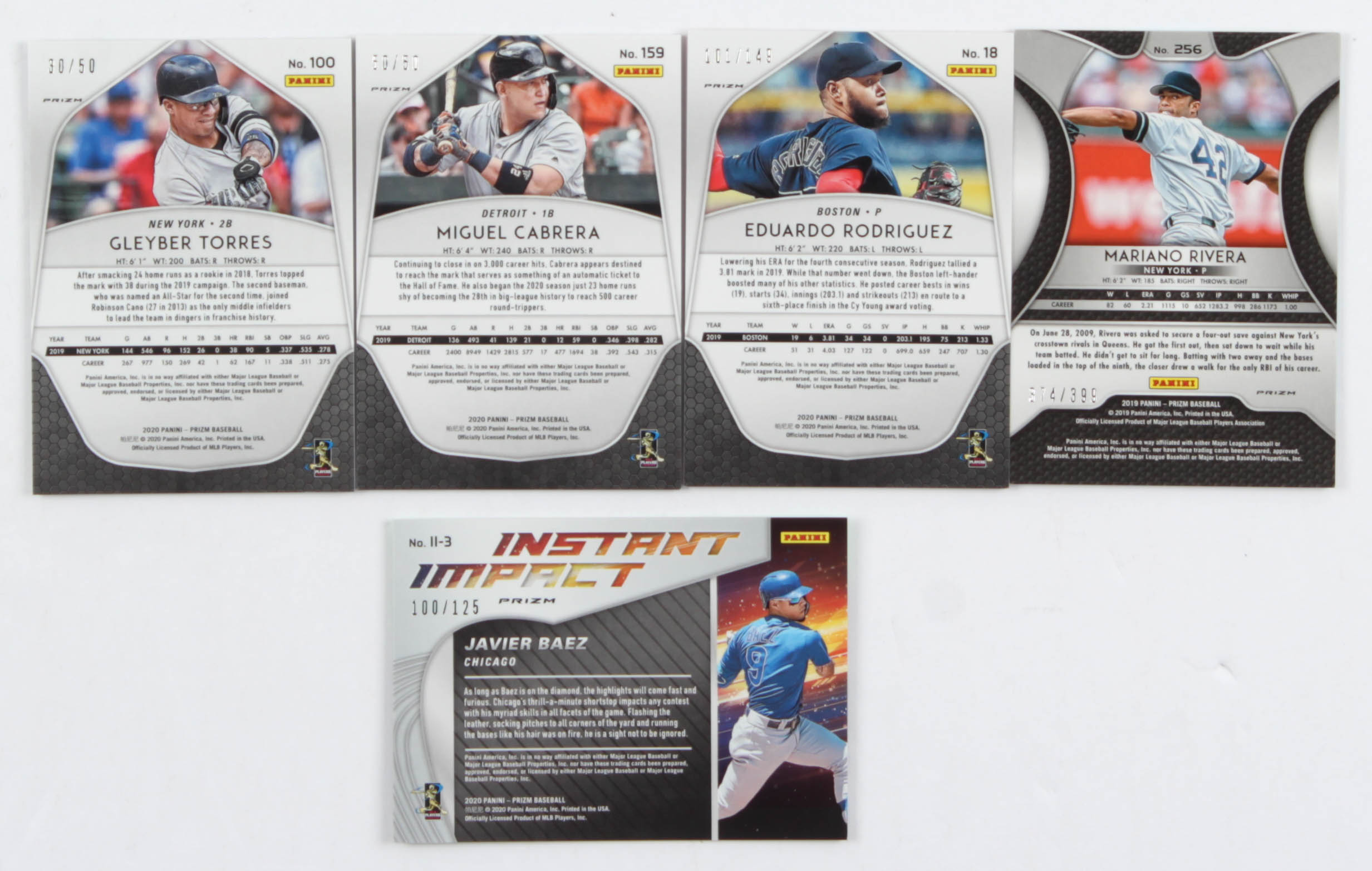 Lot of (5) Panini Prizm Baseball Cards with Javier Baez 2020 Instant Impact Prizms Lime Green #3, Mariano Rivera 2019 Prizms Blue Mojo #256 at PristineAuction.com Lot of (5) Panini Prizm Baseball Cards with Javier Baez 2020 Instant Impact Prizms Lime Green #3, Mariano Rivera 2019 Prizms Blue Mojo #256 at PristineAuction.com