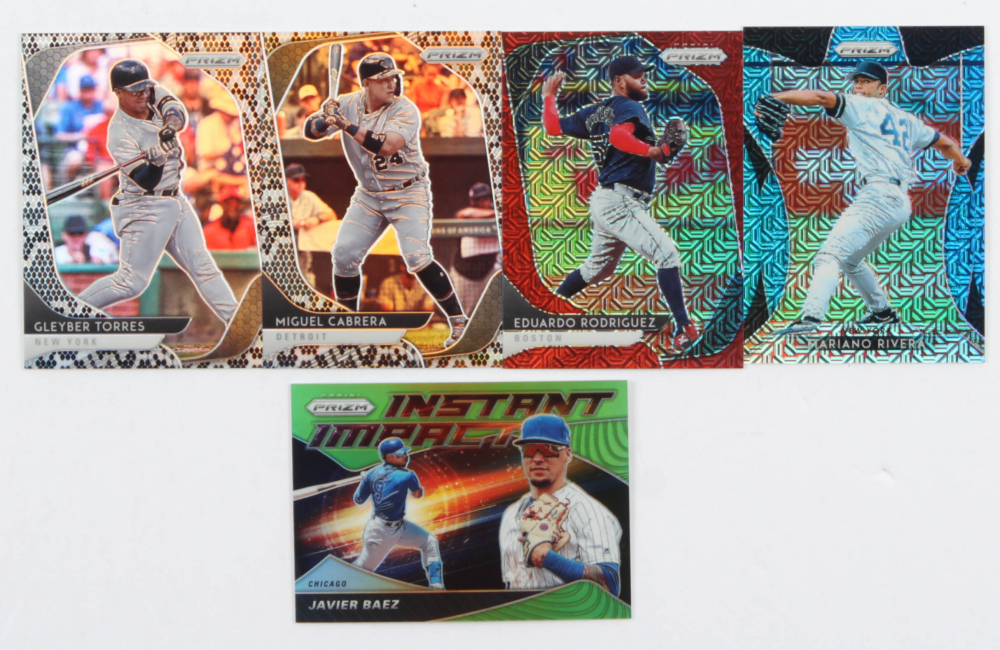 Lot of (5) Panini Prizm Baseball Cards with Javier Baez 2020 Instant Impact Prizms Lime Green #3, Mariano Rivera 2019 Prizms Blue Mojo #256