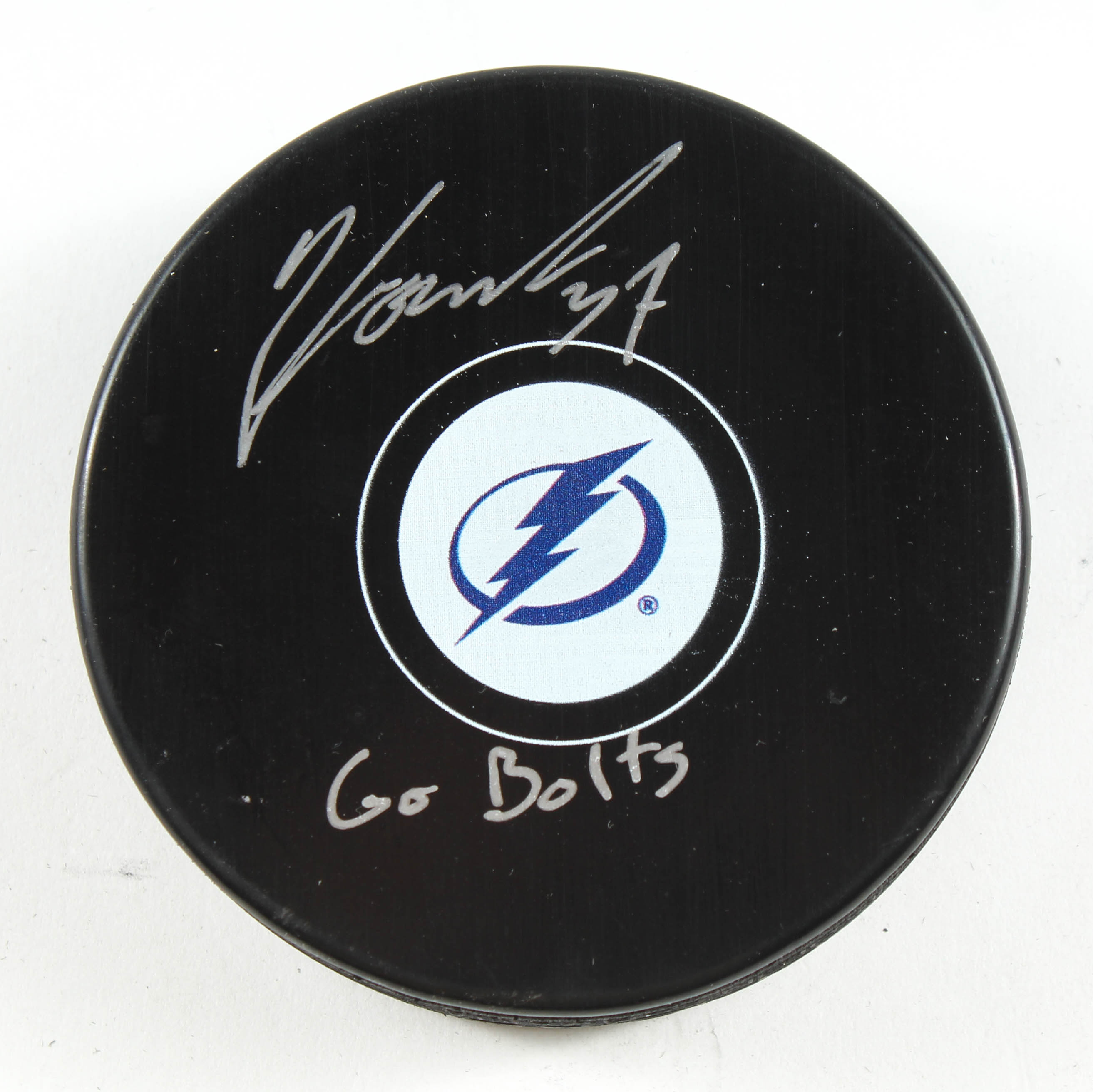 Yanni Gourde Signed Lightning Logo Hockey Puck Inscribed "Go Bolts" (PSA COA) at PristineAuction.com Yanni Gourde Signed Lightning Logo Hockey Puck Inscribed "Go Bolts" (PSA COA) at PristineAuction.com