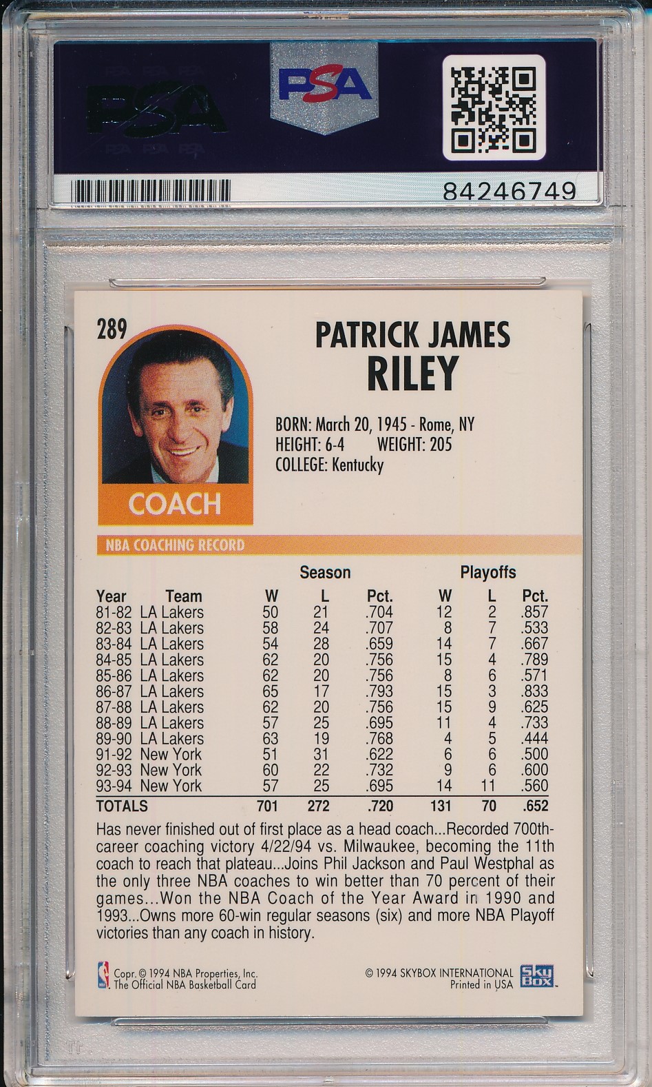 Pat Riley Signed 1994-95 Hoops #289 (PSA Encapsulated) at PristineAuction.com Pat Riley Signed 1994-95 Hoops #289 (PSA Encapsulated) at PristineAuction.com