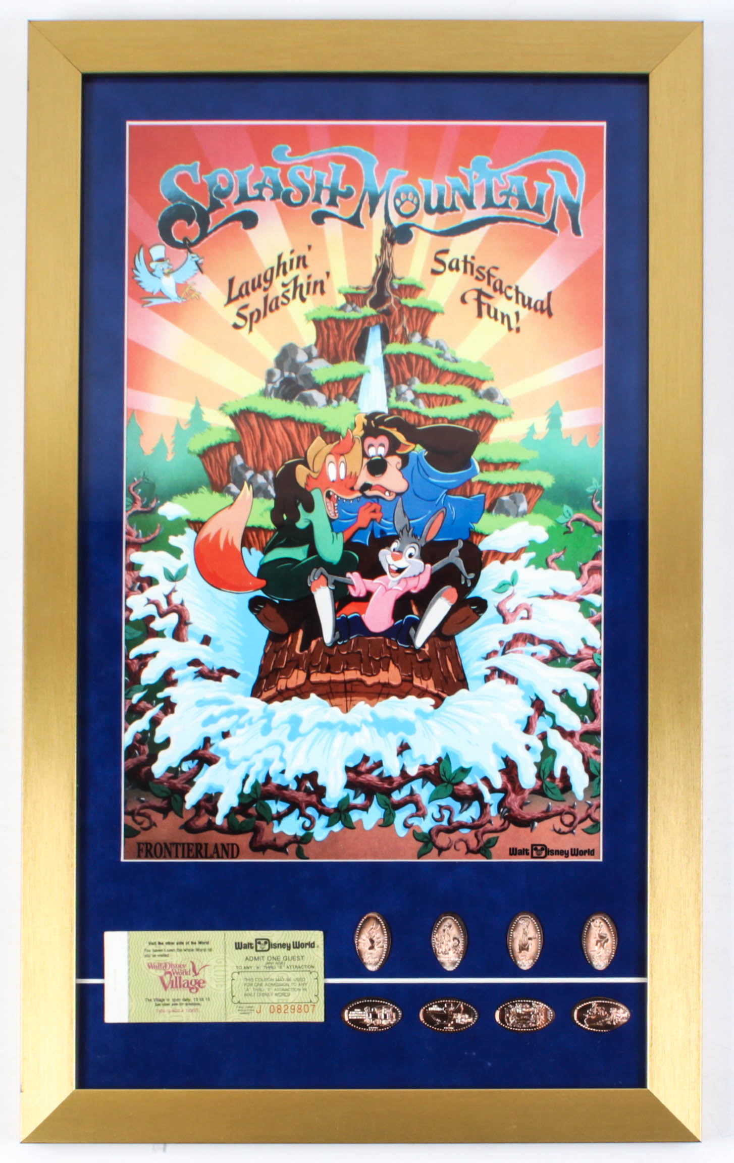 Disneyland "Splash Mountain" 15x25 Custom Framed Poster Display with (8) Original Splash Mountain Coins & Vintage Ticket at PristineAuction.com Disneyland "Splash Mountain" 15x25 Custom Framed Poster Display with (8) Original Splash Mountain Coins & Vintage Ticket at PristineAuction.com