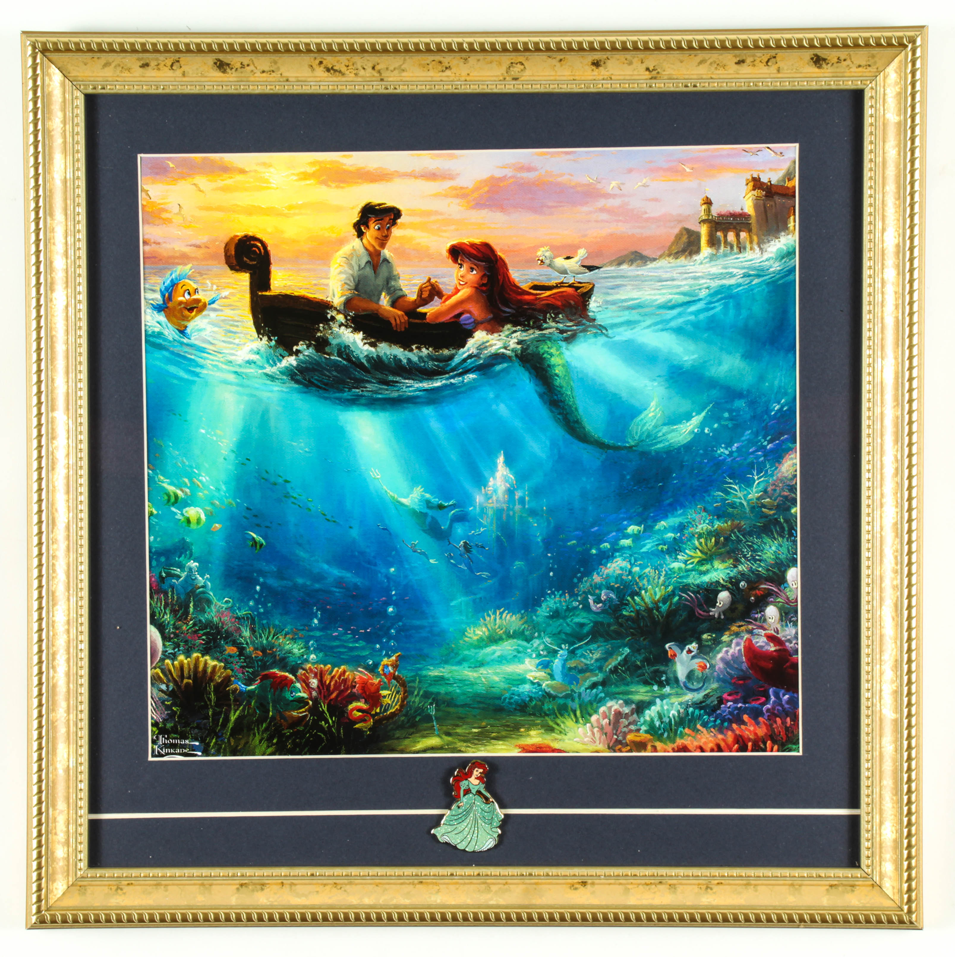 Thomas Kinkade Walt Disney's "The Little Mermaid" 16x16 Custom Framed Print Display with Vintage The Little Mermaid Pin at PristineAuction.com Thomas Kinkade Walt Disney's "The Little Mermaid" 16x16 Custom Framed Print Display with Vintage The Little Mermaid Pin at PristineAuction.com