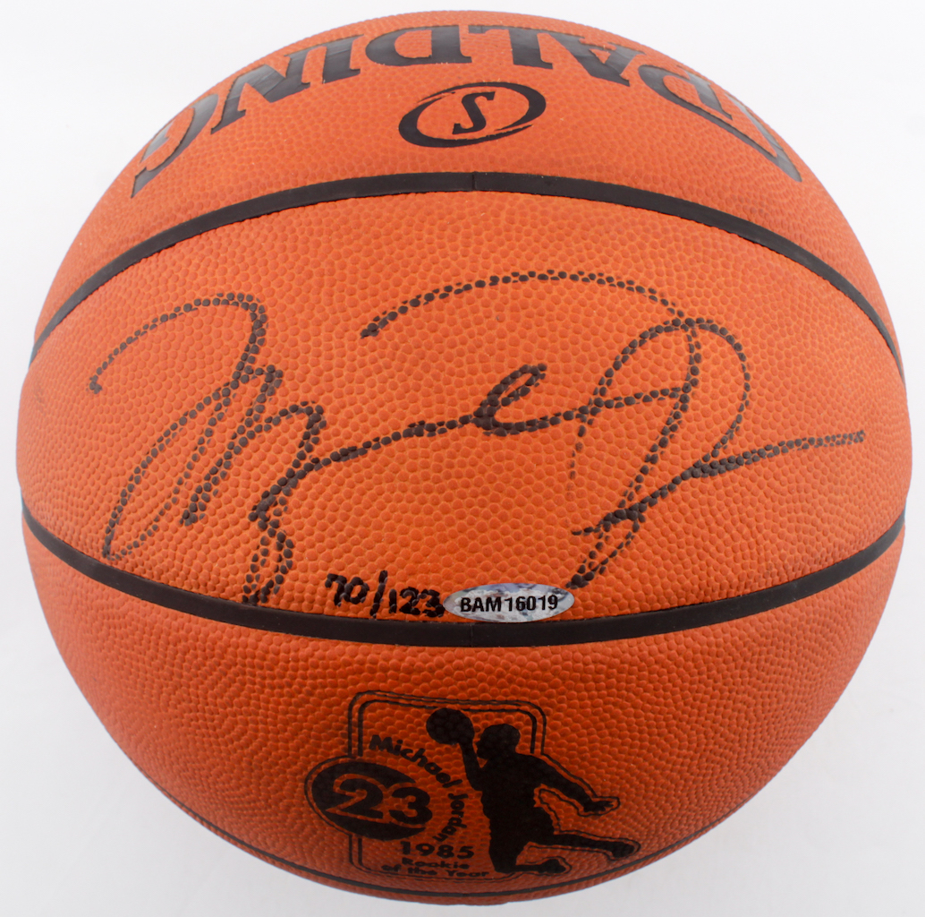 Michael Jordan Signed LE Official NBA Game Ball Rookie of the Year Logo Commemorative Basketball with Display Case (UDA Hologram) at PristineAuction.com Michael Jordan Signed LE Official NBA Game Ball Rookie of the Year Logo Commemorative Basketball with Display Case (UDA Hologram) at PristineAuction.com