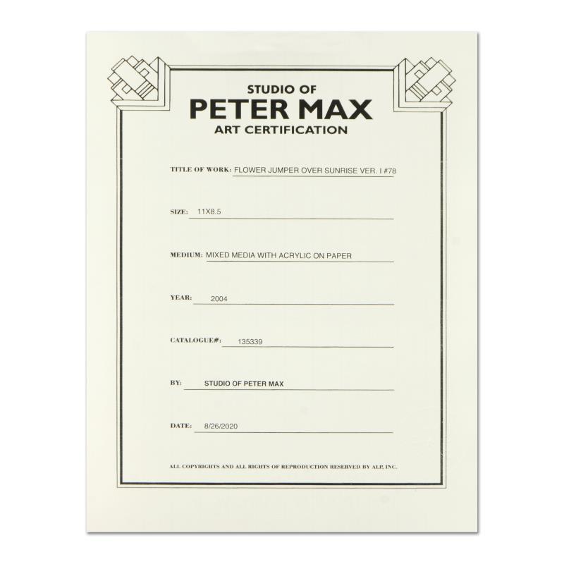 Peter Max Signed "Flower Jumper Over Sunrise" 22x25 Custom Framed One-Of-A-Kind Acrylic Mixed Media at PristineAuction.com Peter Max Signed "Flower Jumper Over Sunrise" 22x25 Custom Framed One-Of-A-Kind Acrylic Mixed Media at PristineAuction.com