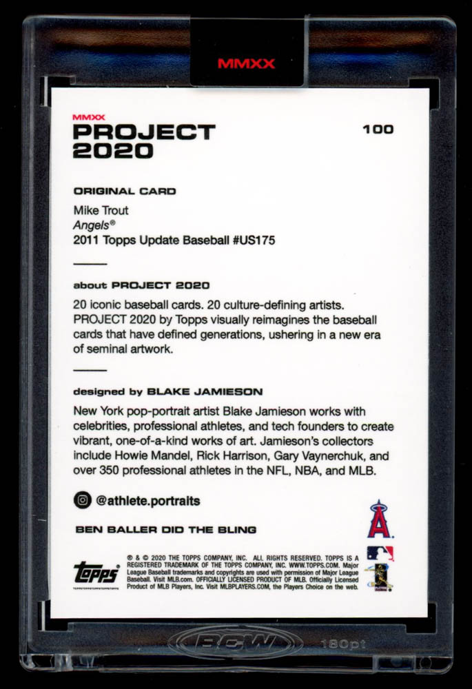 Mike Trout 2020 Topps Project 2020 #100 / Blake Jamieson / Ben Baller (Project 2020 Encapsulated) at PristineAuction.com Mike Trout 2020 Topps Project 2020 #100 / Blake Jamieson / Ben Baller (Project 2020 Encapsulated) at PristineAuction.com