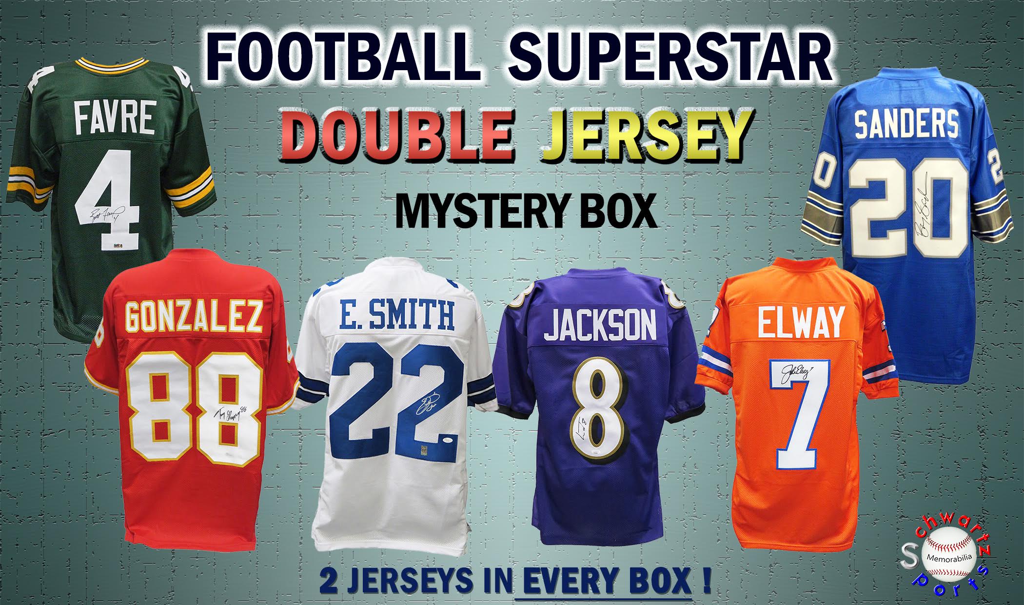 Schwartz Sports Football Superstar Signed DOUBLE Football Jersey Mystery Box - Series 3 - (Limited to 100) (2 JERSEYS IN EVERY BOX!!) at PristineAuction.com Schwartz Sports Football Superstar Signed DOUBLE Football Jersey Mystery Box - Series 3 - (Limited to 100) (2 JERSEYS IN EVERY BOX!!) at PristineAuction.com