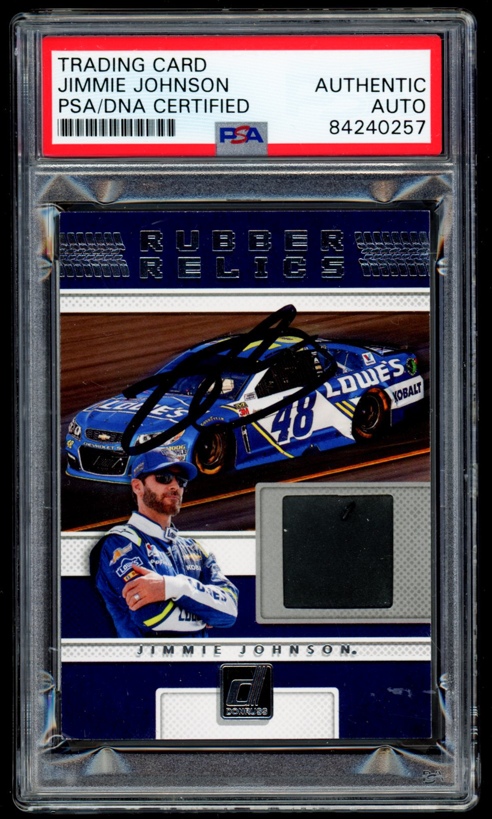 Jimmie Johnson Signed 2018 Donruss Rubber Relics #15 (PSA Encapsulated) at PristineAuction.com Jimmie Johnson Signed 2018 Donruss Rubber Relics #15 (PSA Encapsulated) at PristineAuction.com