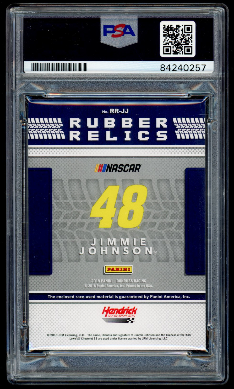 Jimmie Johnson Signed 2018 Donruss Rubber Relics #15 (PSA Encapsulated) at PristineAuction.com Jimmie Johnson Signed 2018 Donruss Rubber Relics #15 (PSA Encapsulated) at PristineAuction.com