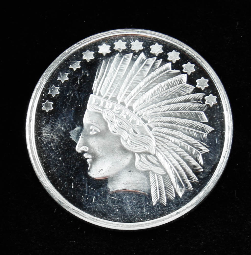 Silvertowne Gold Indian Head 1 Oz. Fine Silver Version Bullion Round at PristineAuction.com Silvertowne Gold Indian Head 1 Oz. Fine Silver Version Bullion Round at PristineAuction.com