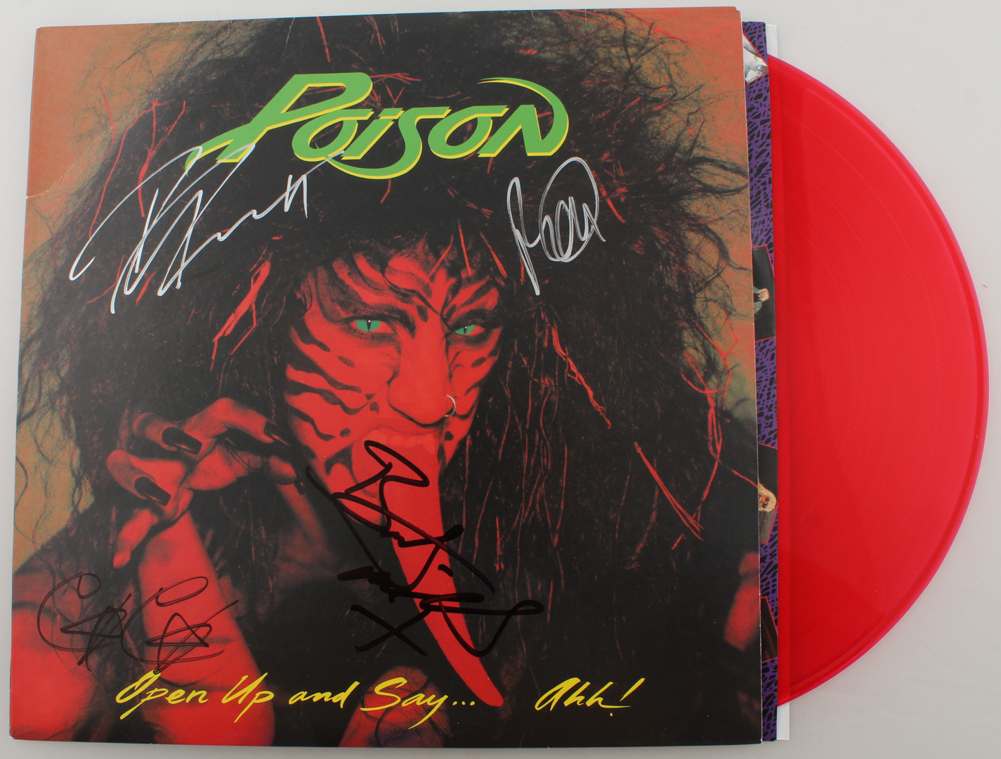 Poison "Open Up and Say... Ahh!" Vinyl Record Album Cover Band-Signed by (4) with Bret Michaels, Rikki Rockett, C.C. DeVille & Bobby Dall (JSA Hologram) at PristineAuction.com Poison "Open Up and Say... Ahh!" Vinyl Record Album Cover Band-Signed by (4) with Bret Michaels, Rikki Rockett, C.C. DeVille & Bobby Dall (JSA Hologram) at PristineAuction.com