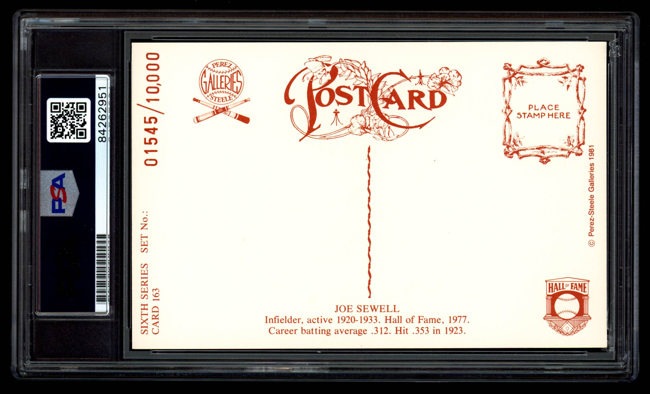 Joe Sewell Signed LE 1980-02 Perez-Steele Hall of Fame Postcards #163 (PSA Encapsulated) at PristineAuction.com Joe Sewell Signed LE 1980-02 Perez-Steele Hall of Fame Postcards #163 (PSA Encapsulated) at PristineAuction.com