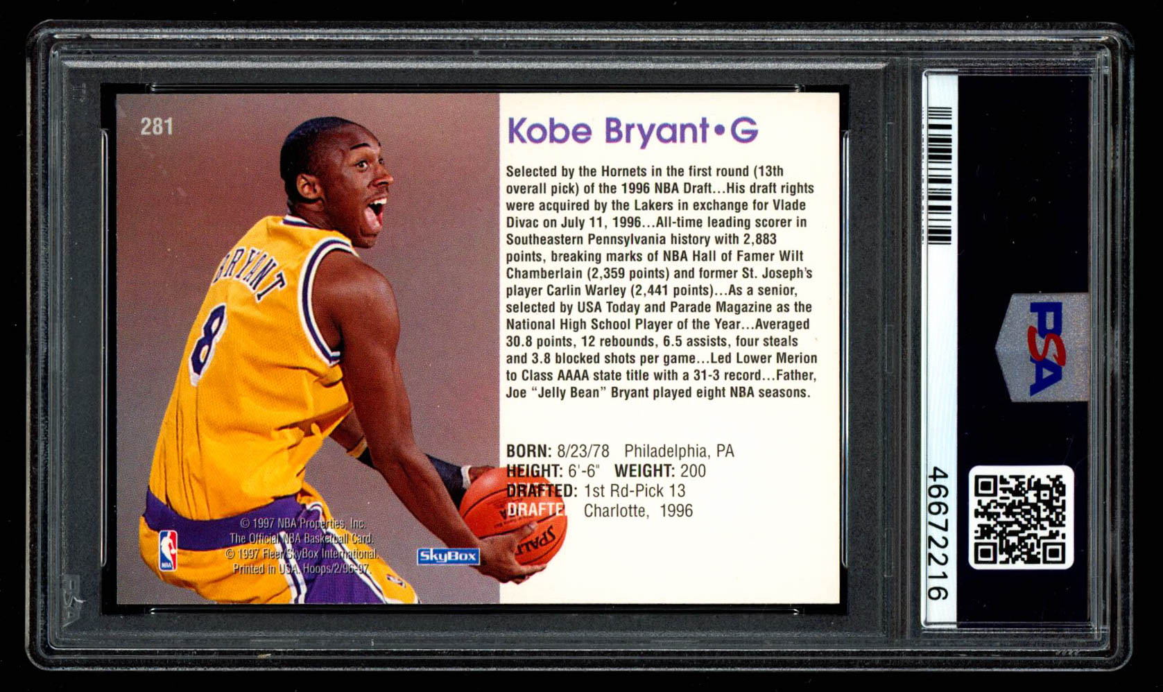 Kobe Bryant 1996-97 Hoops #281 RC (PSA 9) at PristineAuction.com Kobe Bryant 1996-97 Hoops #281 RC (PSA 9) at PristineAuction.com