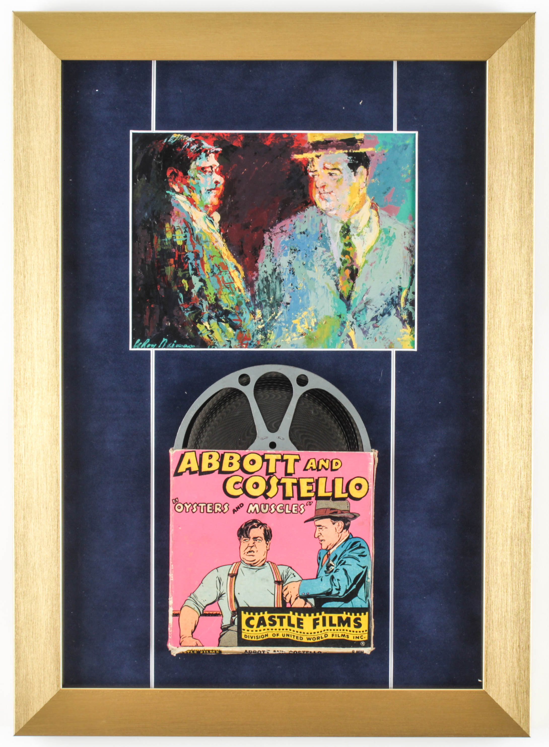 Leroy Neiman "Abbott & Costello" 13x18 Custom Framed Print Display with Vintage 8mm Film Reel at PristineAuction.com Leroy Neiman "Abbott & Costello" 13x18 Custom Framed Print Display with Vintage 8mm Film Reel at PristineAuction.com