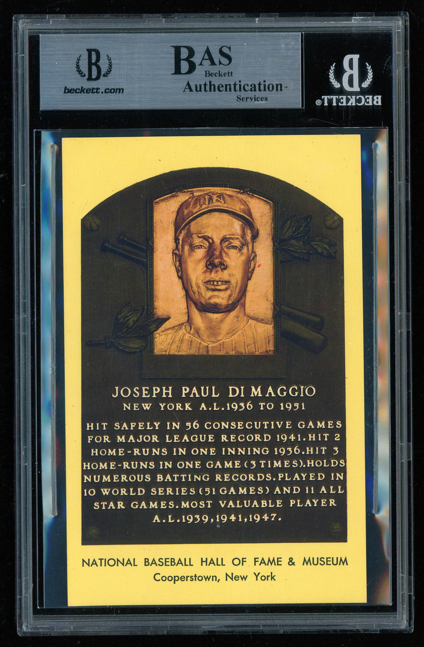 Joe DiMaggio Signed Gold Hall of Fame Plaque Postcard (BGS Encapsulated) at PristineAuction.com Joe DiMaggio Signed Gold Hall of Fame Plaque Postcard (BGS Encapsulated) at PristineAuction.com