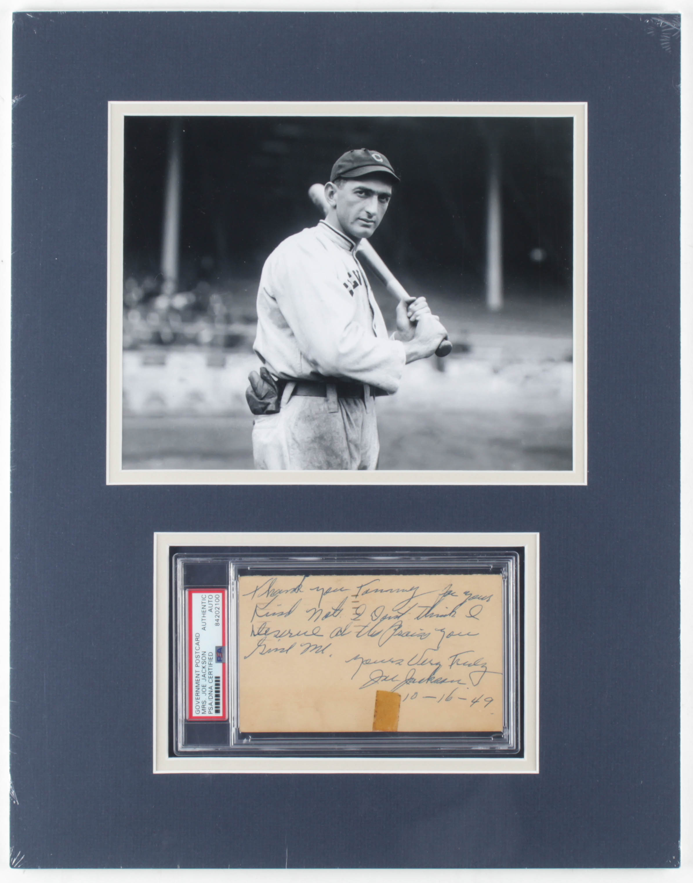 Mrs. Joe Jackson Signed 14x18 Custom Matted Hand-Written Postcard (PSA Encapsulated) at PristineAuction.com Mrs. Joe Jackson Signed 14x18 Custom Matted Hand-Written Postcard (PSA Encapsulated) at PristineAuction.com