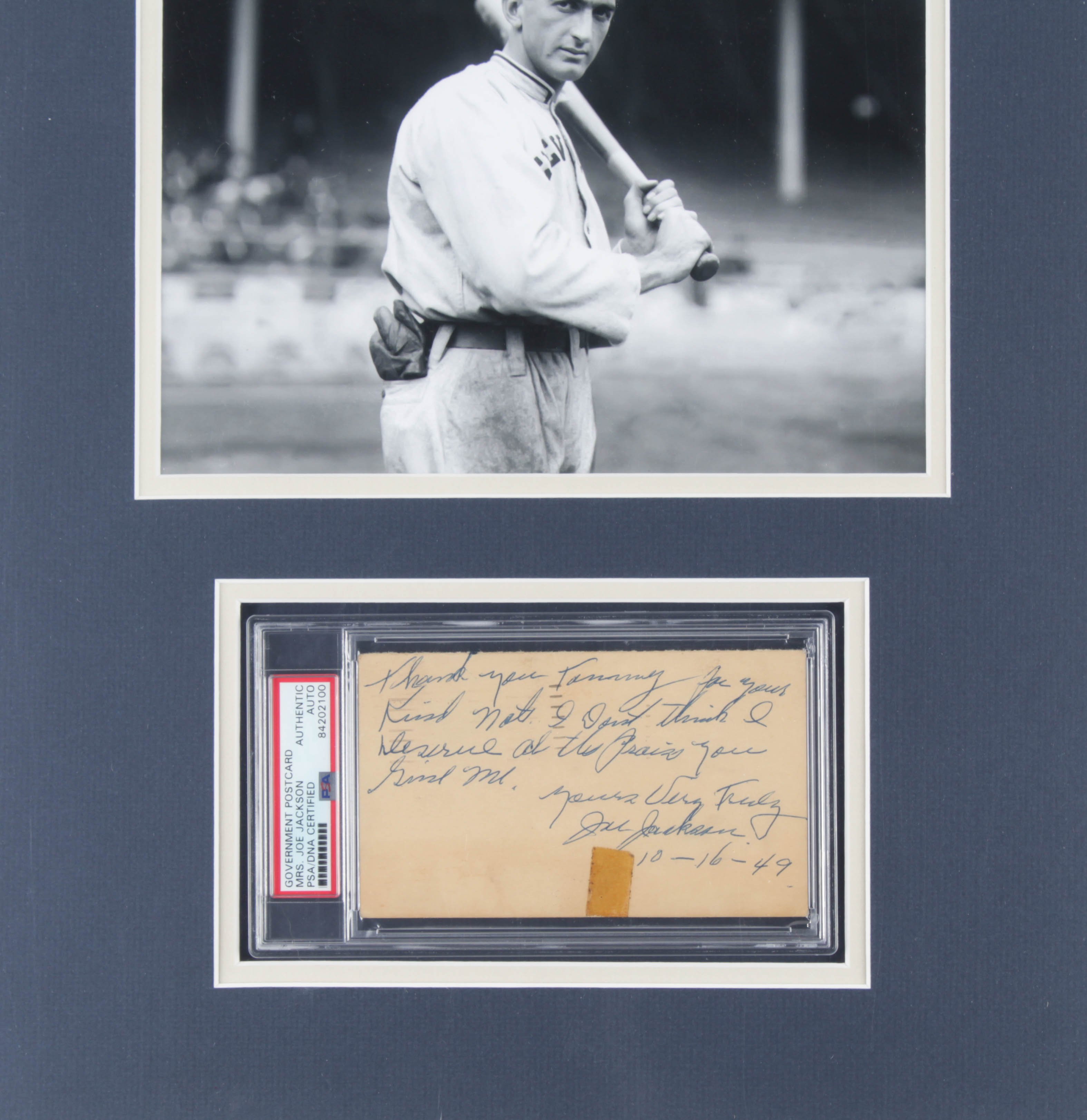 Mrs. Joe Jackson Signed 14x18 Custom Matted Hand-Written Postcard (PSA Encapsulated) at PristineAuction.com Mrs. Joe Jackson Signed 14x18 Custom Matted Hand-Written Postcard (PSA Encapsulated) at PristineAuction.com
