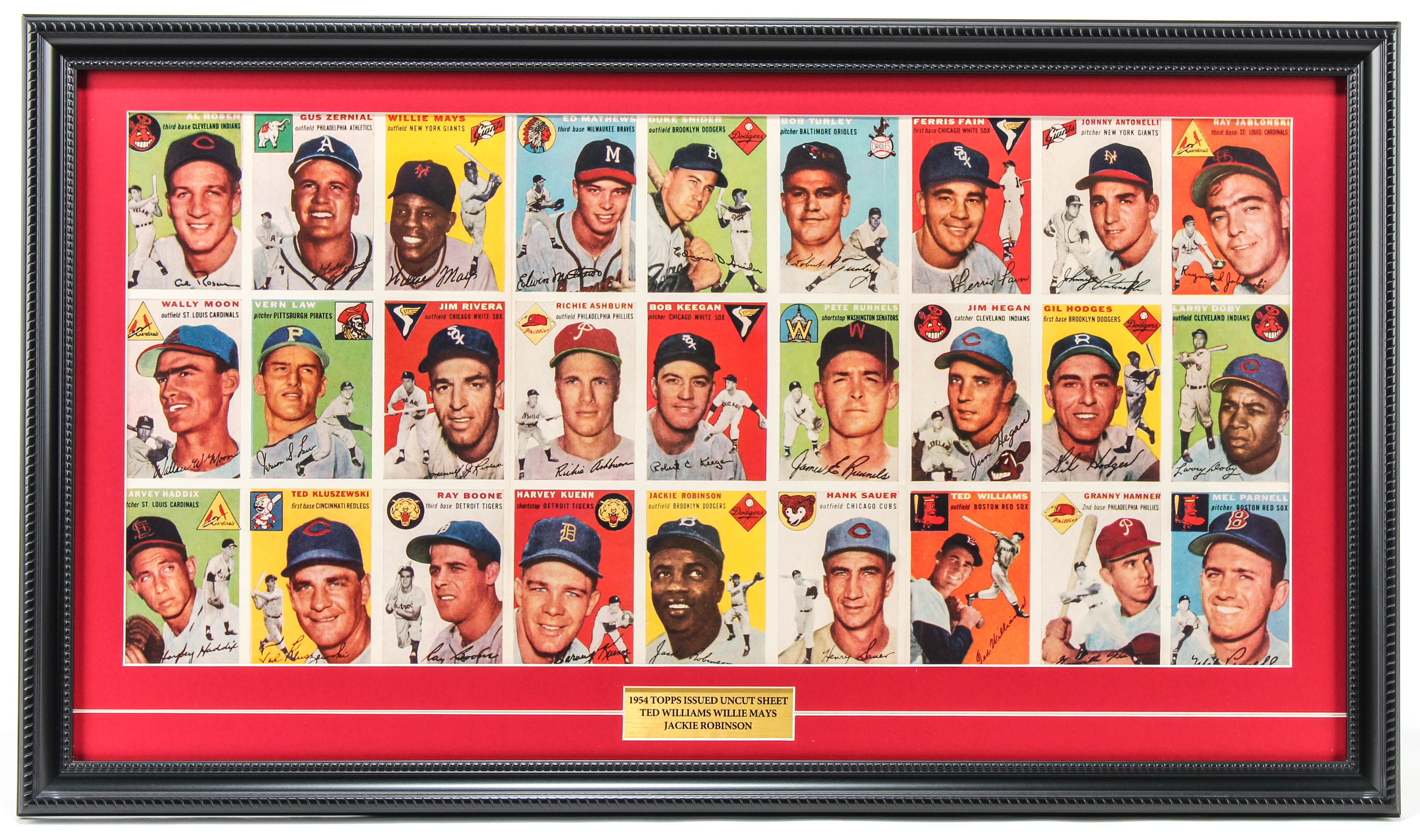 1954 First Issue Sports Illustrated Magazine 16x27.5 Custom Framed Uncut Topps Baseball Card Sheet Display with Ted Williams, Willie Mays, Jackie Robinson at PristineAuction.com 1954 First Issue Sports Illustrated Magazine 16x27.5 Custom Framed Uncut Topps Baseball Card Sheet Display with Ted Williams, Willie Mays, Jackie Robinson at PristineAuction.com