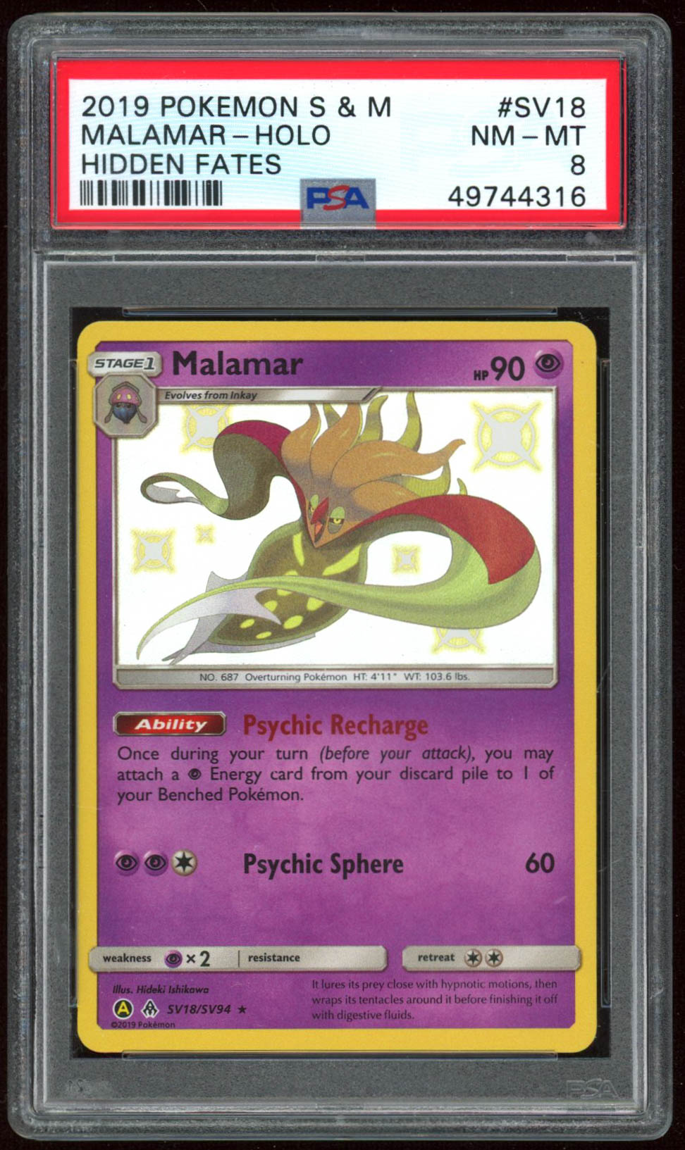 Malamar 2019 Pokemon Sun and Moon Hidden Fates Shiny Vault #SV18 SHR (PSA 8) at PristineAuction.com Malamar 2019 Pokemon Sun and Moon Hidden Fates Shiny Vault #SV18 SHR (PSA 8) at PristineAuction.com