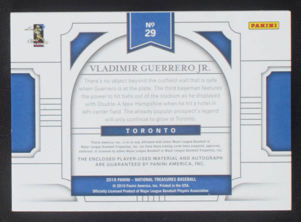 Vladimir Guerrero Jr. 2019 Panini National Treasures #29 Jersey Autograph RC #03/99 at PristineAuction.com Vladimir Guerrero Jr. 2019 Panini National Treasures #29 Jersey Autograph RC #03/99 at PristineAuction.com