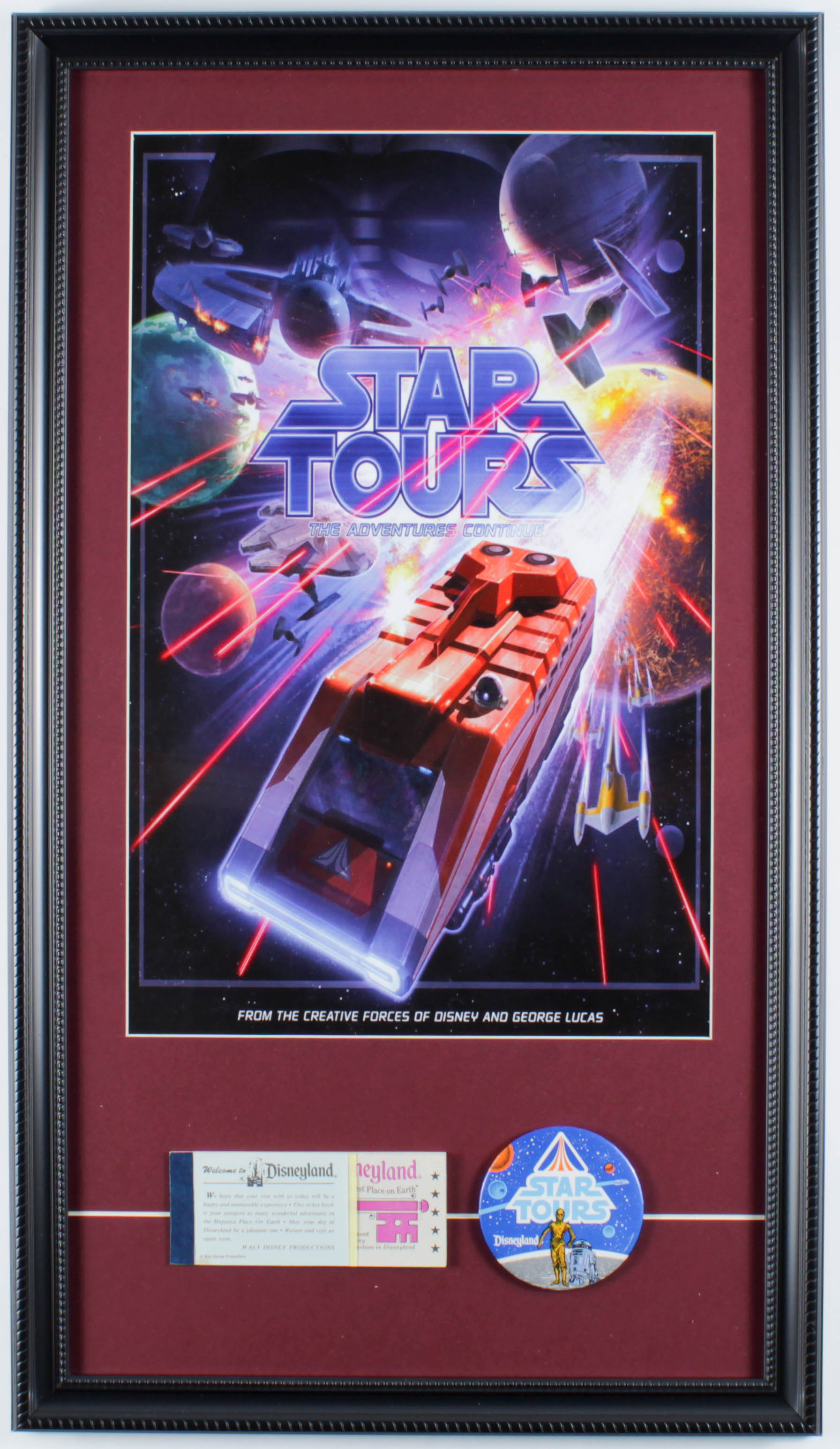 Disneyland Tomorrowland "Star Tours" 15.26.5 Custom Framed Print Display with Vintage Ticket Booklet & Star Tours Pin at PristineAuction.com Disneyland Tomorrowland "Star Tours" 15.26.5 Custom Framed Print Display with Vintage Ticket Booklet & Star Tours Pin at PristineAuction.com