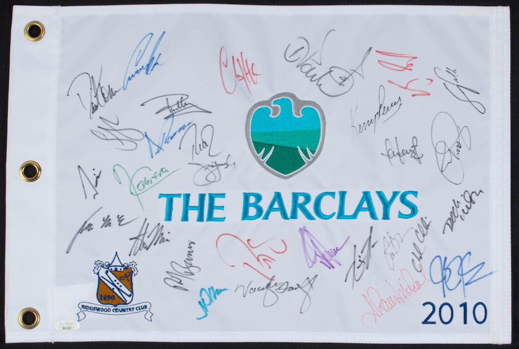 2010 The Barclays 13x19 Flag Signed by (29) with Jason Day, Vijay Singh, Marc Leishman, Ian Poulter (JSA LOA) at PristineAuction.com 2010 The Barclays 13x19 Flag Signed by (29) with Jason Day, Vijay Singh, Marc Leishman, Ian Poulter (JSA LOA) at PristineAuction.com